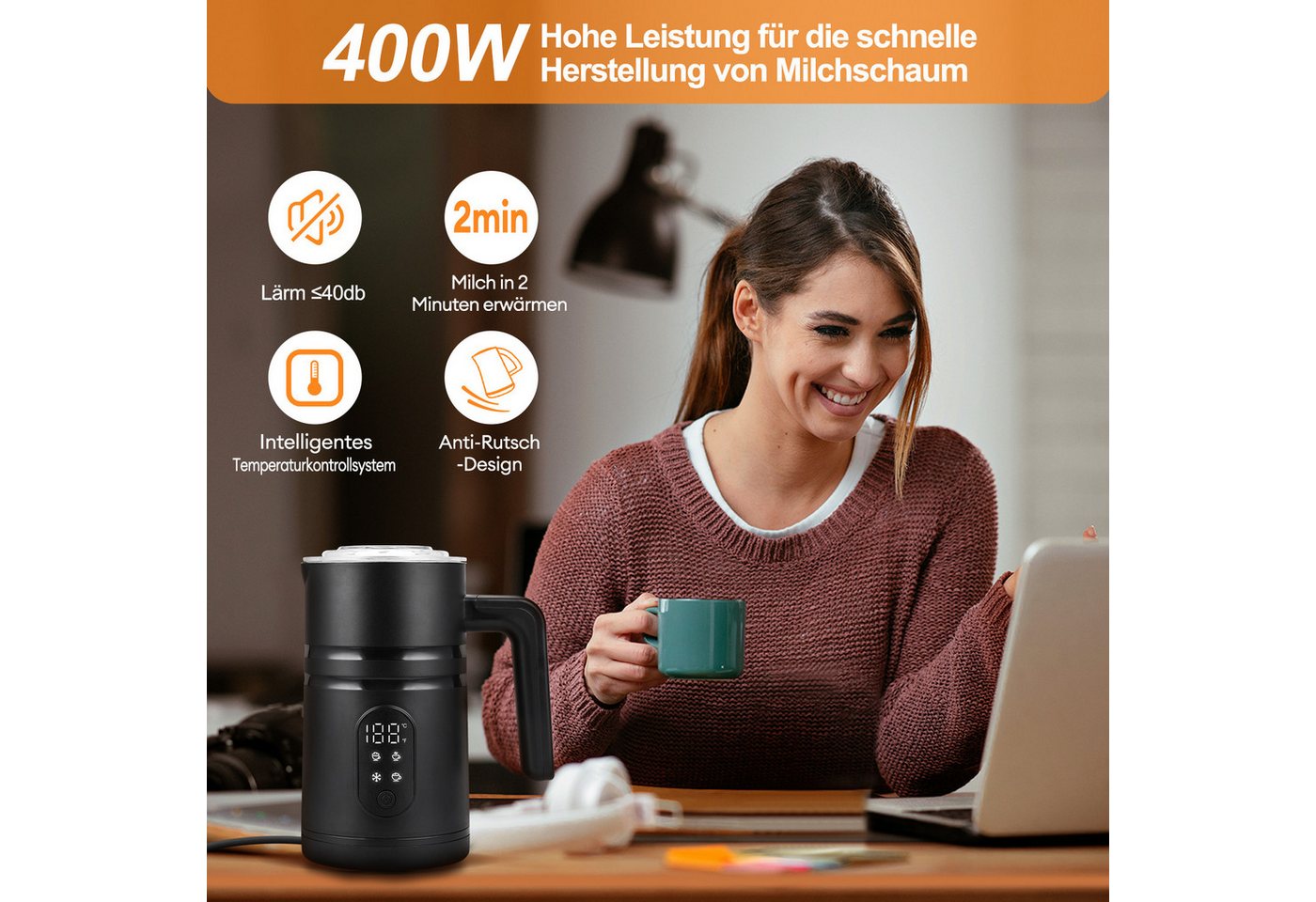 HS Onsing Milchaufschäumer Elektrischer 4 in 1 Automatischer Milchschäumer 350ml Milchschäumer, 400 W, für Heißer Kalter Milchschaum Heiße Schokolade Latte Cappuccino