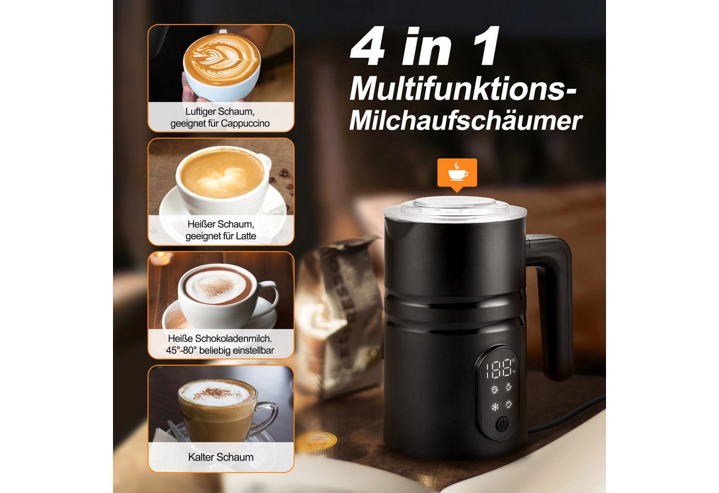 HS Onsing Milchaufschäumer Elektrischer 4 in 1 Automatischer Milchschäumer 350ml Milchschäumer, 400 W, für Heißer Kalter Milchschaum Heiße Schokolade Latte Cappuccino Bild 4