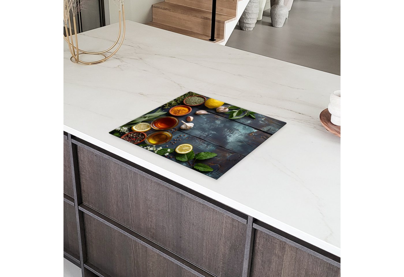 MuchoWow Herd-Abdeckplatte Vintage - Kräuter - Gewürze - Holzdruck - Stilleben, Vinyl, (1 tlg), Abdeckplatte für Ceranfeld, Herd Inductionsmatte, 57.6x51.6 cm Bild 2