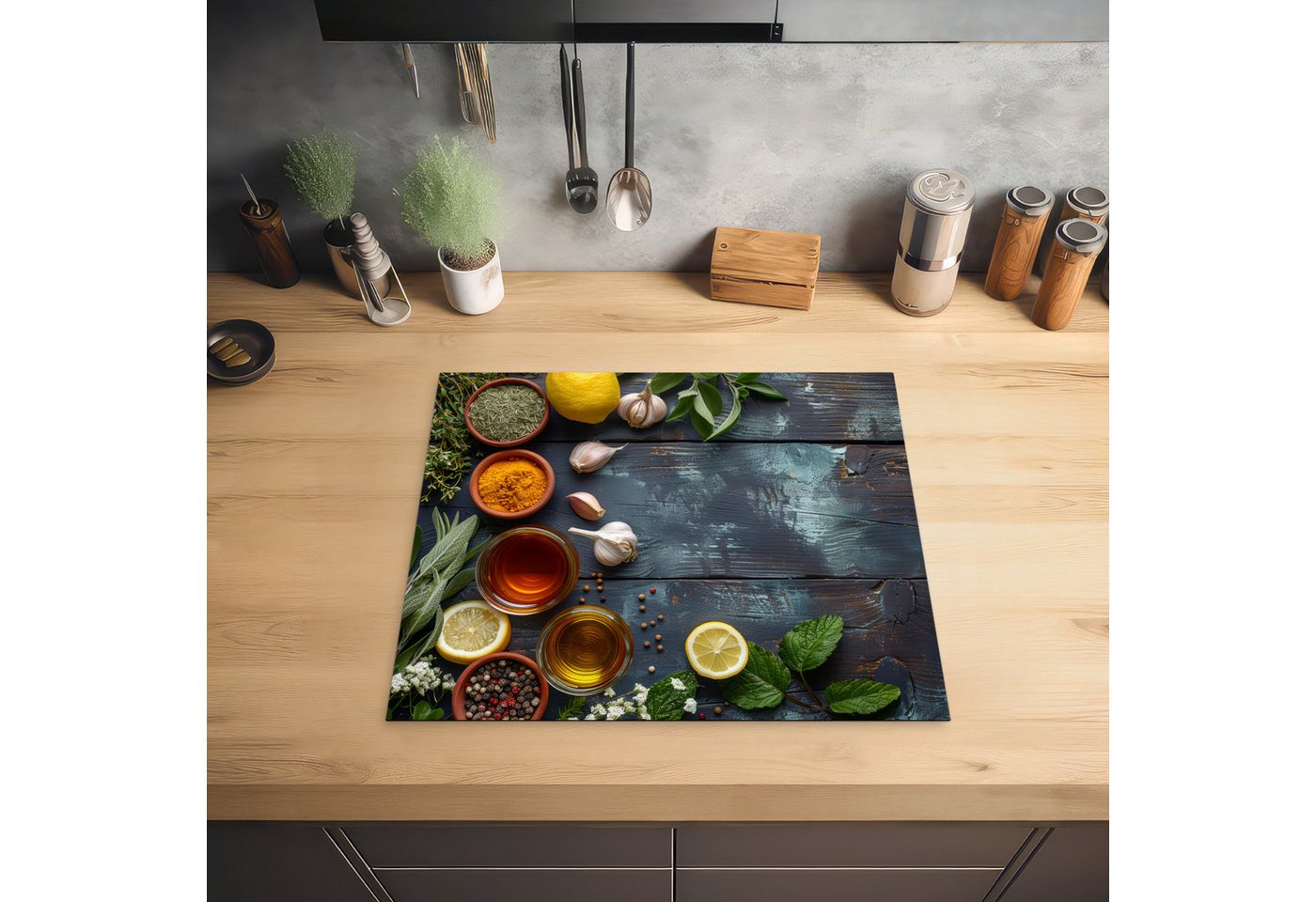 MuchoWow Herd-Abdeckplatte Vintage - Kräuter - Gewürze - Holzdruck - Stilleben, Vinyl, (1 tlg), Abdeckplatte für Ceranfeld, Herd Inductionsmatte, 57.6x51.6 cm Bild 4