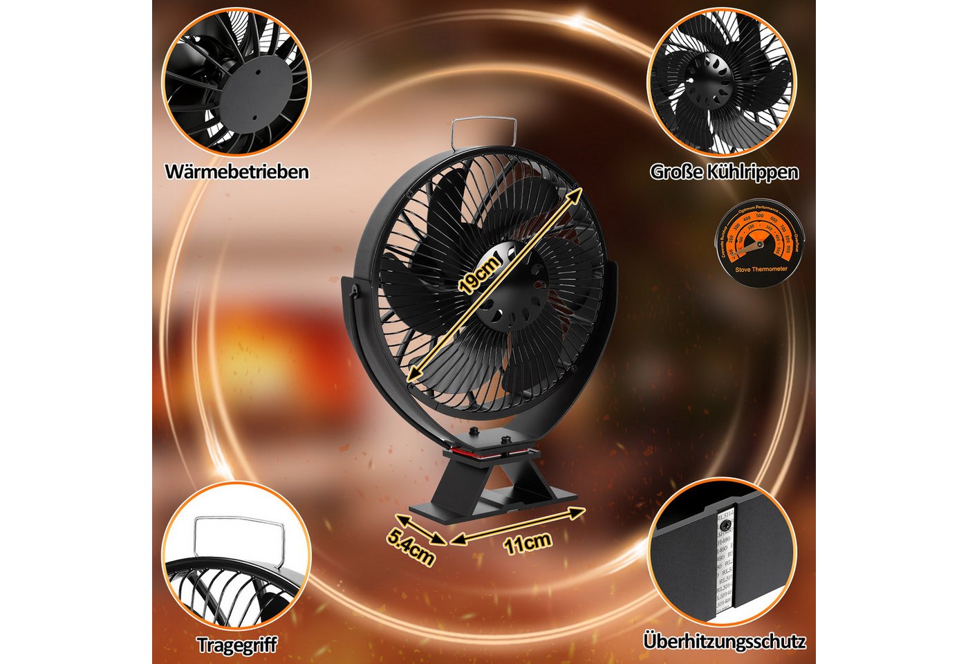 Clanmacy Kaminventilator 6 Flügel Kaminofen Ventilator Neigbar Ofenventilator Stromloser Kamin