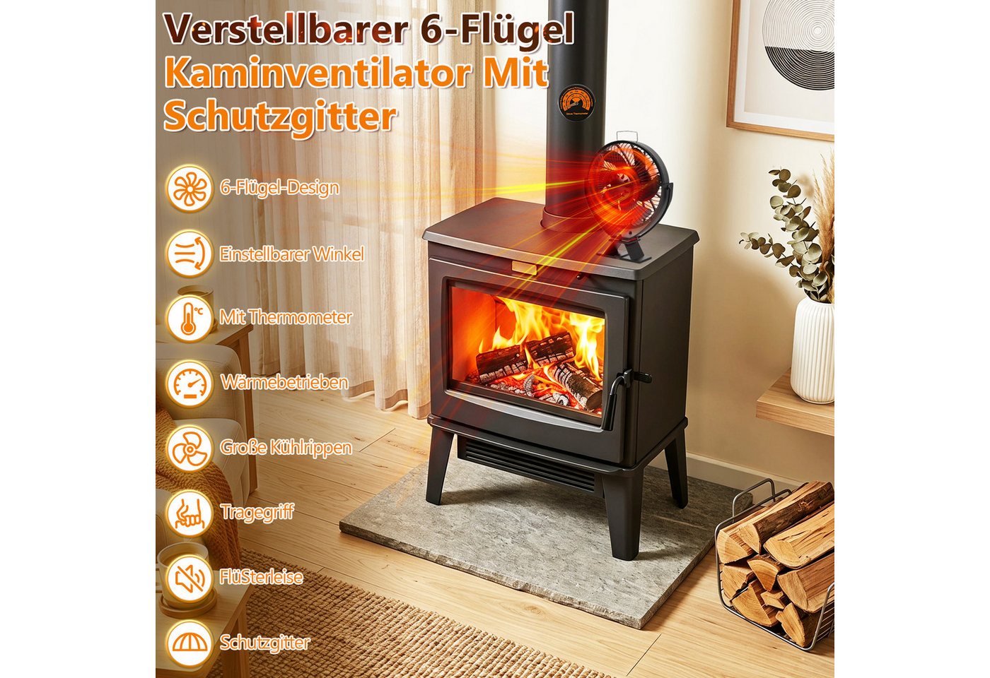 Clanmacy Kaminventilator 6 Flügel Kaminofen Ventilator Neigbar Ofenventilator Stromloser Kamin Bild 5
