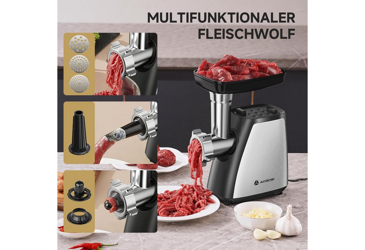 Aobosi Fleischwolf 3in1 Multifunktionsgerät Edelstahl Wurstfüller Kubbe Rückwärtsfunktion, 300 W, 1,5 kg/min, Überlastungsschutz, spülmaschinengeeignete Teile