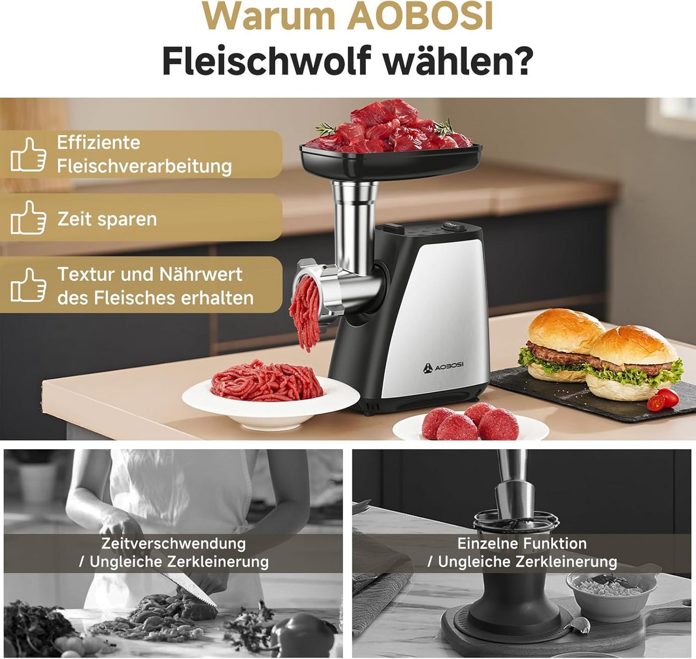 Aobosi Fleischwolf 3in1 Multifunktionsgerät Edelstahl Wurstfüller Kubbe Rückwärtsfunktion, 300 W, 1,5 kg/min, Überlastungsschutz, spülmaschinengeeignete Teile Bild 2