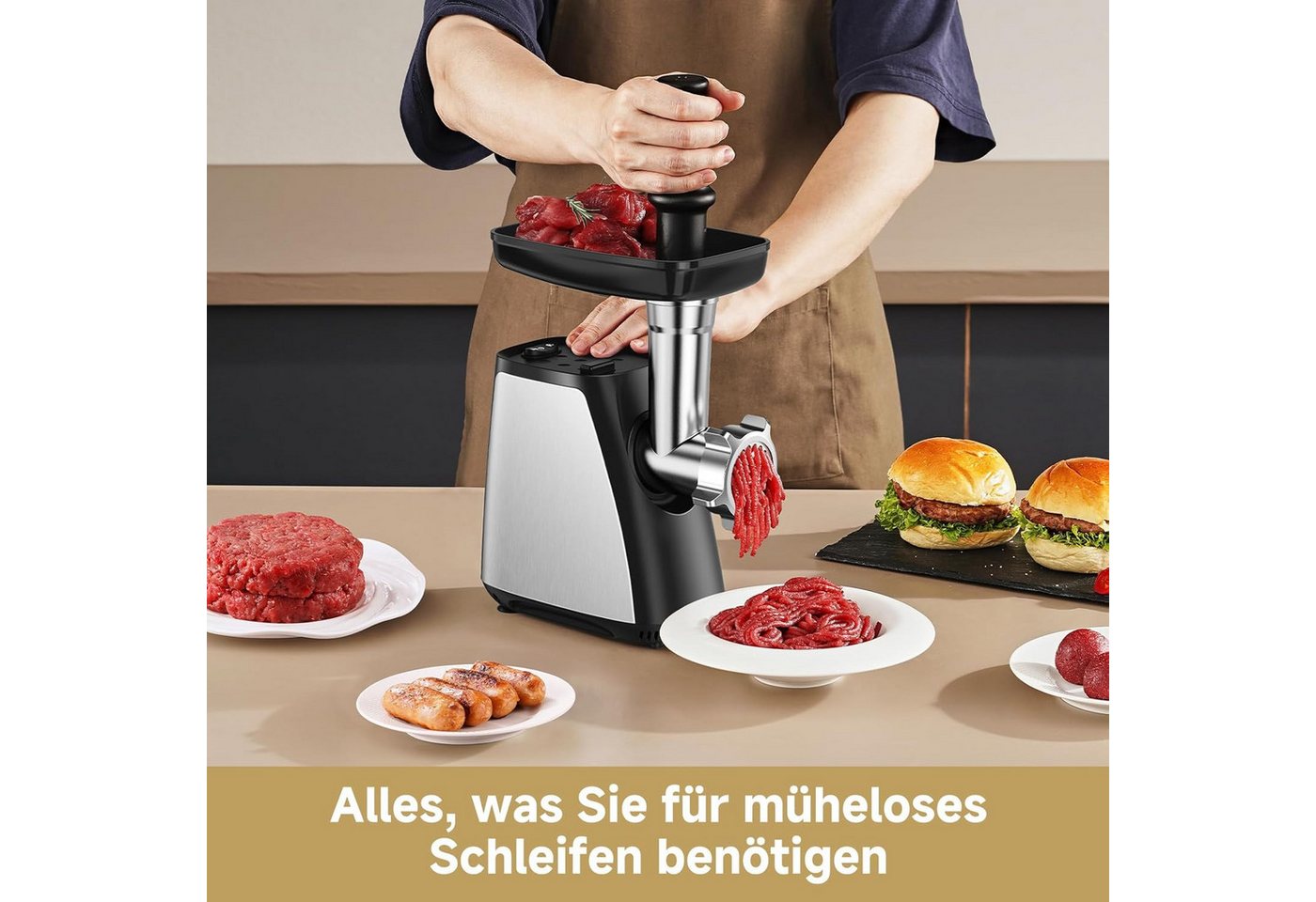 Aobosi Fleischwolf 3in1 Multifunktionsgerät Edelstahl Wurstfüller Kubbe Rückwärtsfunktion, 300 W, 1,5 kg/min, Überlastungsschutz, spülmaschinengeeignete Teile Bild 3