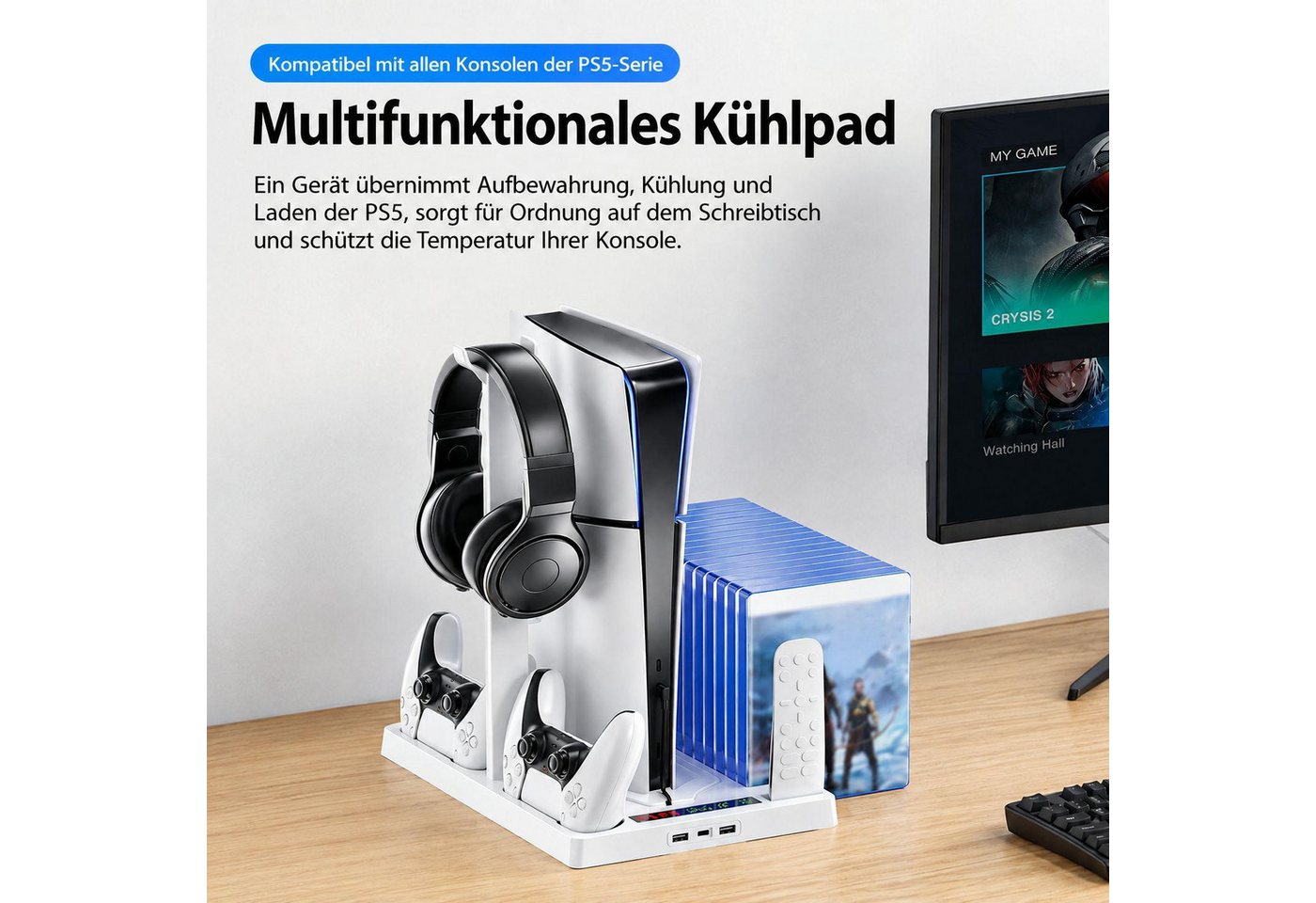 BBG PS5 Kühlständer für PS5,PS5 Slim & PS5 Pro, Multifunktions-Ladestation Ladestation (für PS5, PS5 Slim und PS5 Pro (Digital & Disc), 2 Controller-Ladeplätze, Headset-Halterung, Spielehalterung) Bild 3