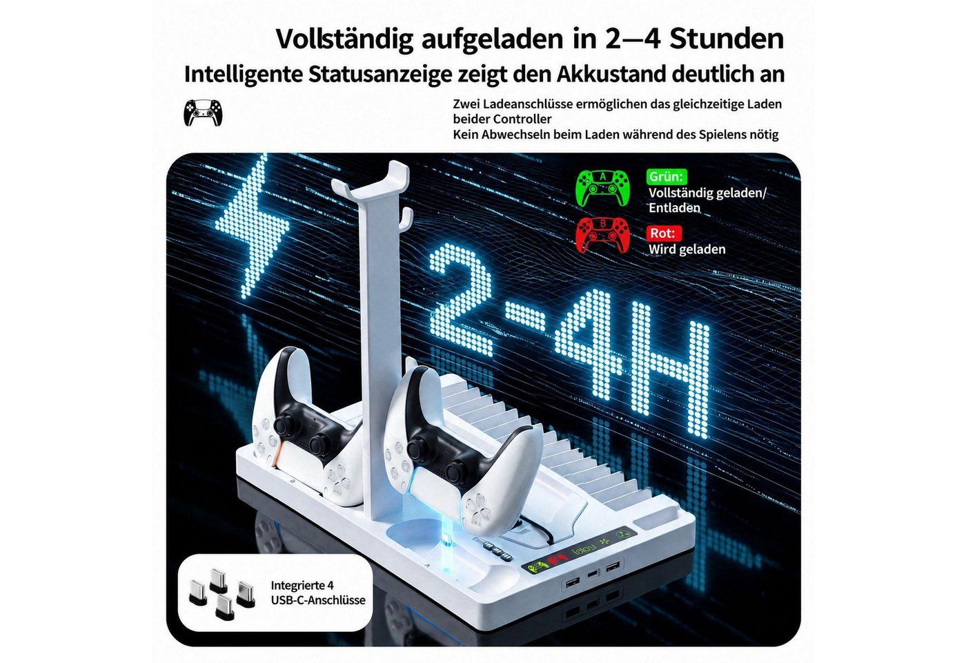 BBG PS5 Kühlständer für PS5,PS5 Slim & PS5 Pro, Multifunktions-Ladestation Ladestation (für PS5, PS5 Slim und PS5 Pro (Digital & Disc), 2 Controller-Ladeplätze, Headset-Halterung, Spielehalterung) Bild 5
