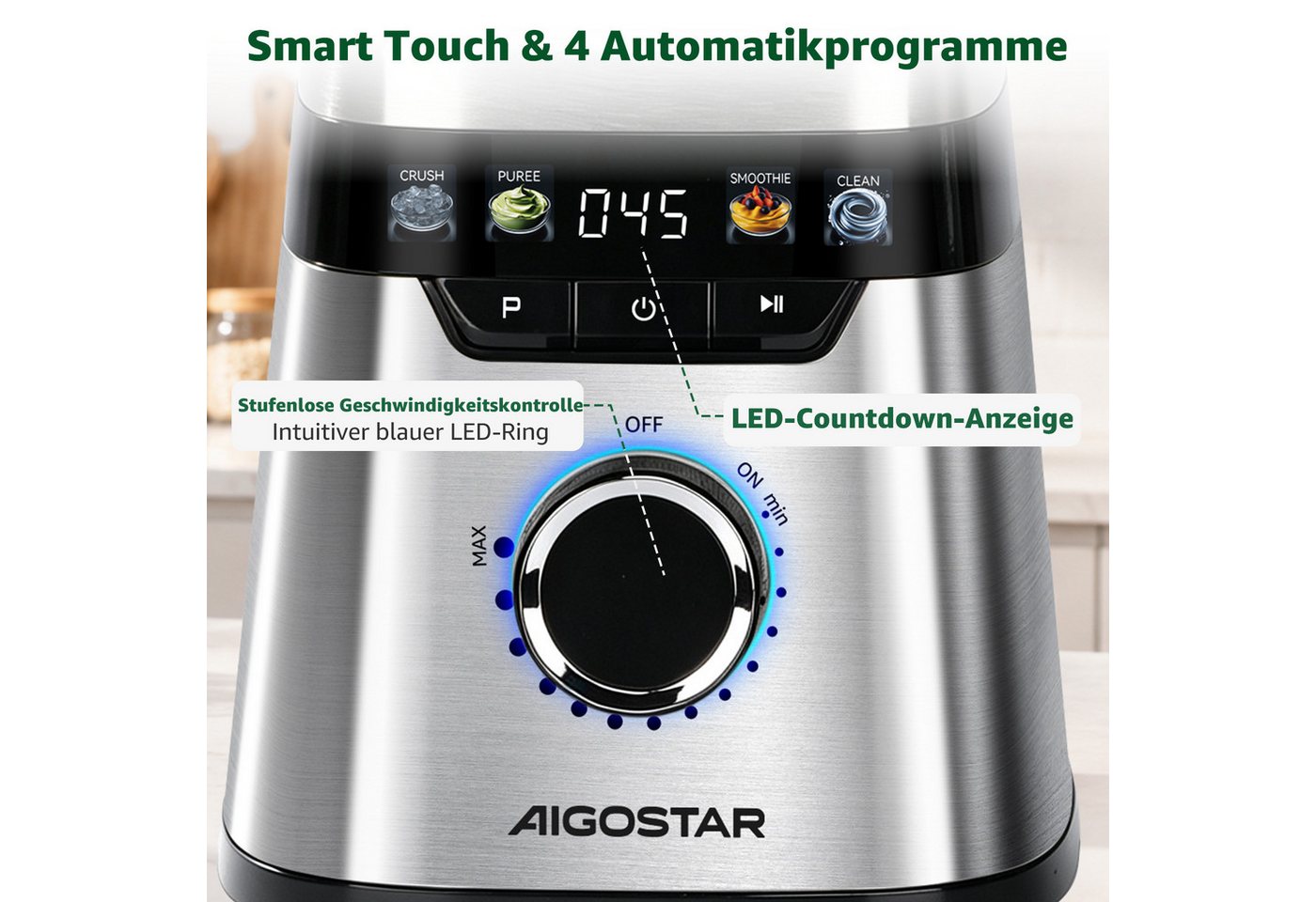 Aigostar Smoothie-Maker Standmixer Glaskrug 1,75L & To-Go-Becher 600ml 21.000 U/min Motor, 1000 W, Edelstahlmessern für Smoothies & Saucen, Touch-Display Selbstreinigung