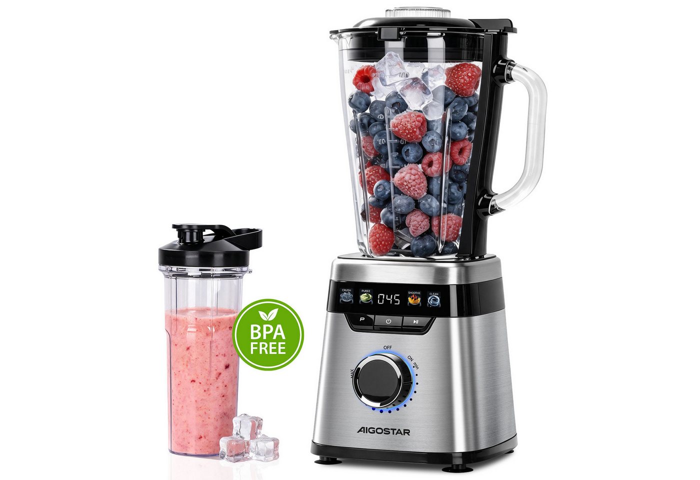 Aigostar Smoothie-Maker Standmixer Glaskrug 1,75L & To-Go-Becher 600ml 21.000 U/min Motor, 1000 W, Edelstahlmessern für Smoothies & Saucen, Touch-Display Selbstreinigung Bild 2
