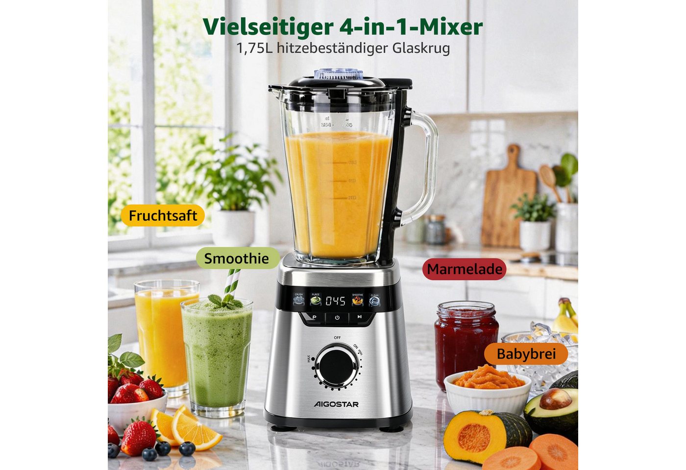 Aigostar Smoothie-Maker Standmixer Glaskrug 1,75L & To-Go-Becher 600ml 21.000 U/min Motor, 1000 W, Edelstahlmessern für Smoothies & Saucen, Touch-Display Selbstreinigung Bild 3