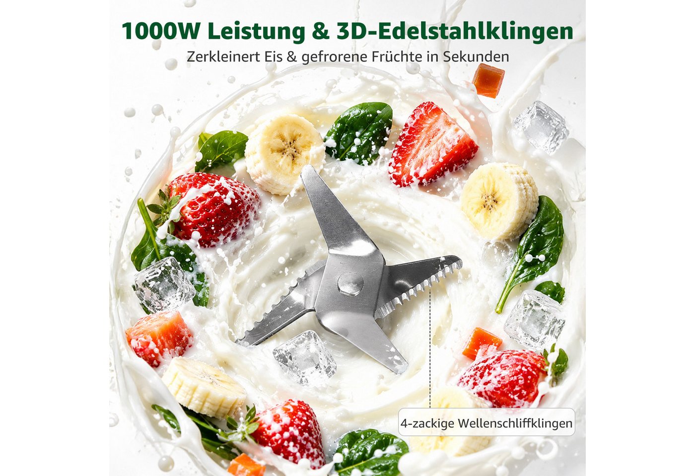 Aigostar Smoothie-Maker Standmixer Glaskrug 1,75L & To-Go-Becher 600ml 21.000 U/min Motor, 1000 W, Edelstahlmessern für Smoothies & Saucen, Touch-Display Selbstreinigung Bild 4