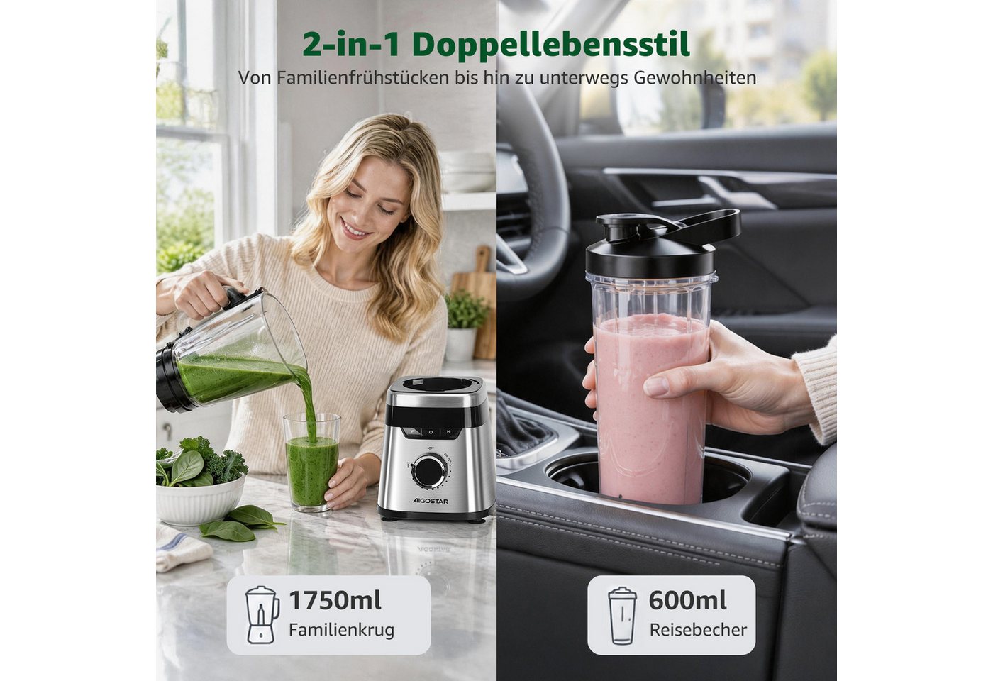 Aigostar Smoothie-Maker Standmixer Glaskrug 1,75L & To-Go-Becher 600ml 21.000 U/min Motor, 1000 W, Edelstahlmessern für Smoothies & Saucen, Touch-Display Selbstreinigung Bild 5