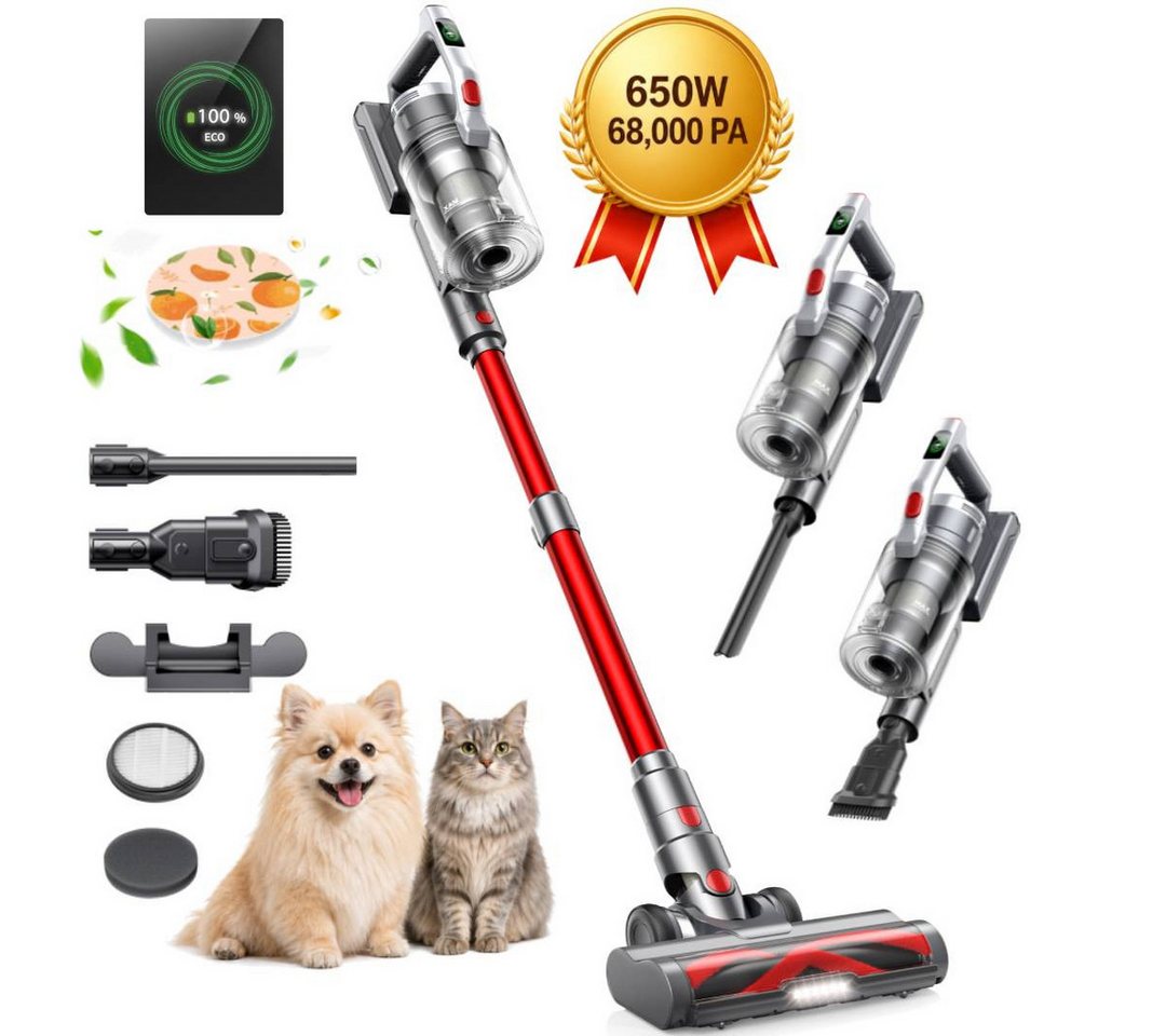 Laresar Akku-Hand-und Stielstaubsauger Akku-Staubsauger 68000Pa, 55 Min Laufzeit, 1.5L, leise, 450 W, 68000Pa 55Min Akku Staubsauger, Stabstaubsauger für Hartböden Teppiche Tierhaare