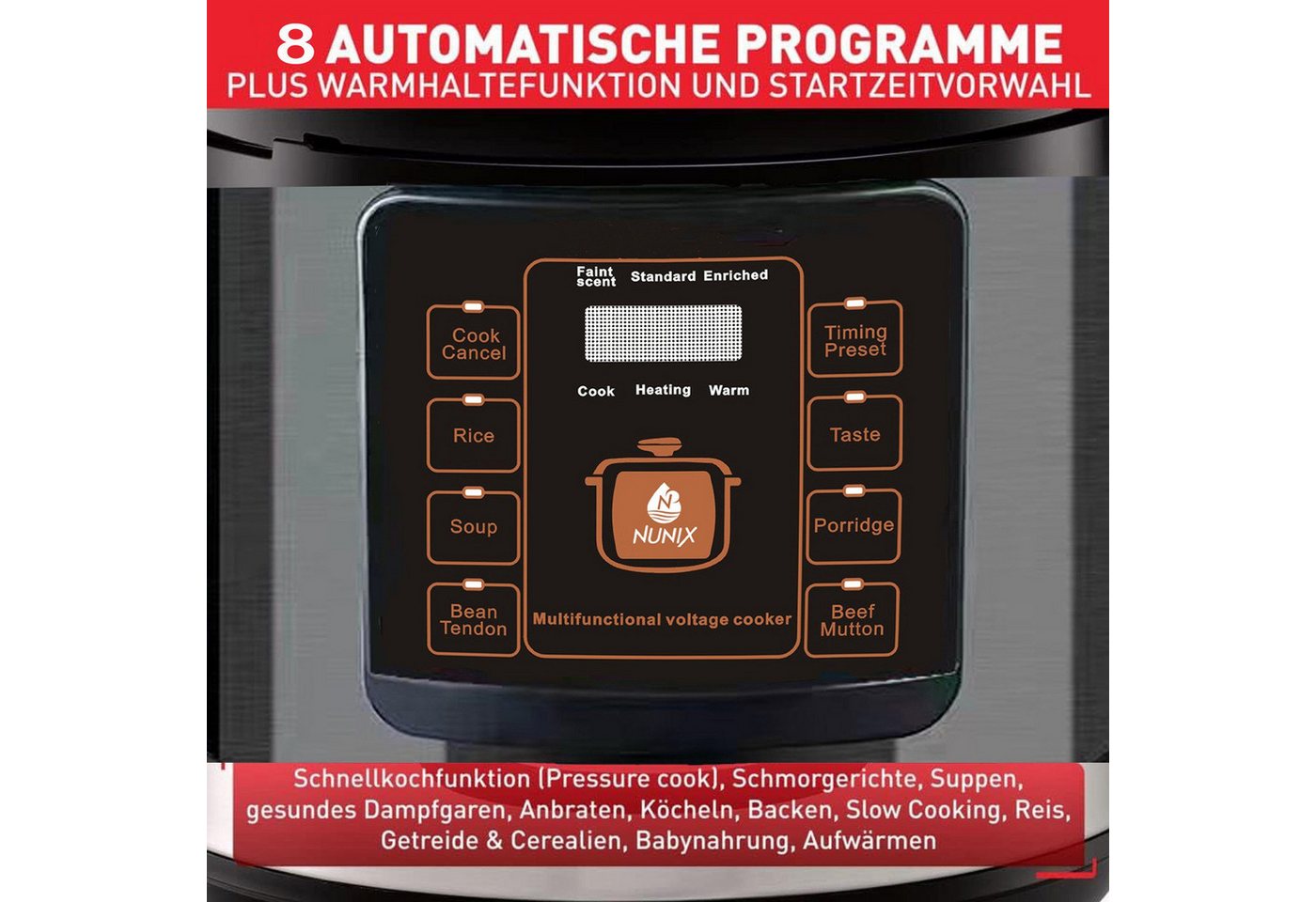 wohnTRAUM24 Reiskocher Digitaler Reiskocher mit Dampfgarer, Schnellkochtopf 8 Programme, 1000 W, 6 Liter Druckkochtopf, Schongarer, Warmhaltefunktion, Timer Bild 4