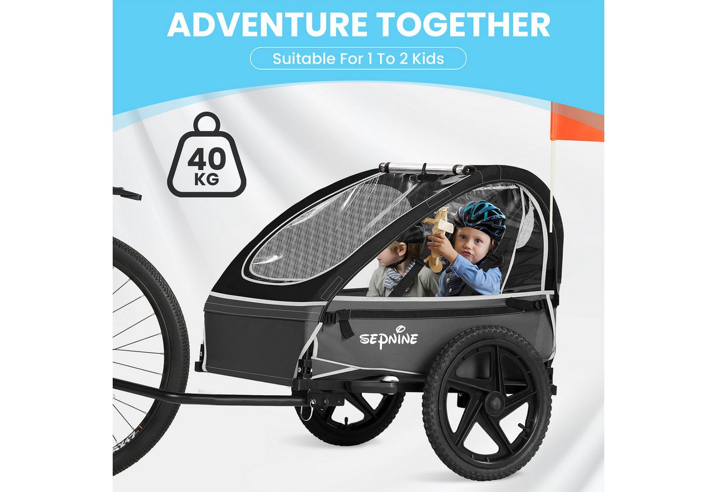 SEPNINE Fahrradkinderanhänger Platzsparender Fahrradanhänger für Kinder – faltbar, für 1–2 Kids Bild 3