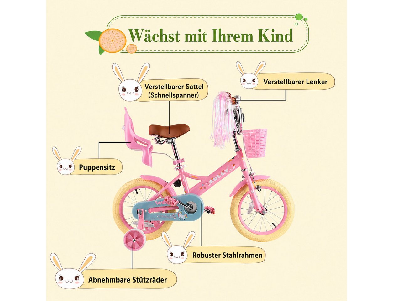 RULLY Kinderfahrrad 12/14/16 Zoll mit Stützrädern, 1 Gang, Für Mädchen 2–7 Jahre mit Korb & Puppensitz