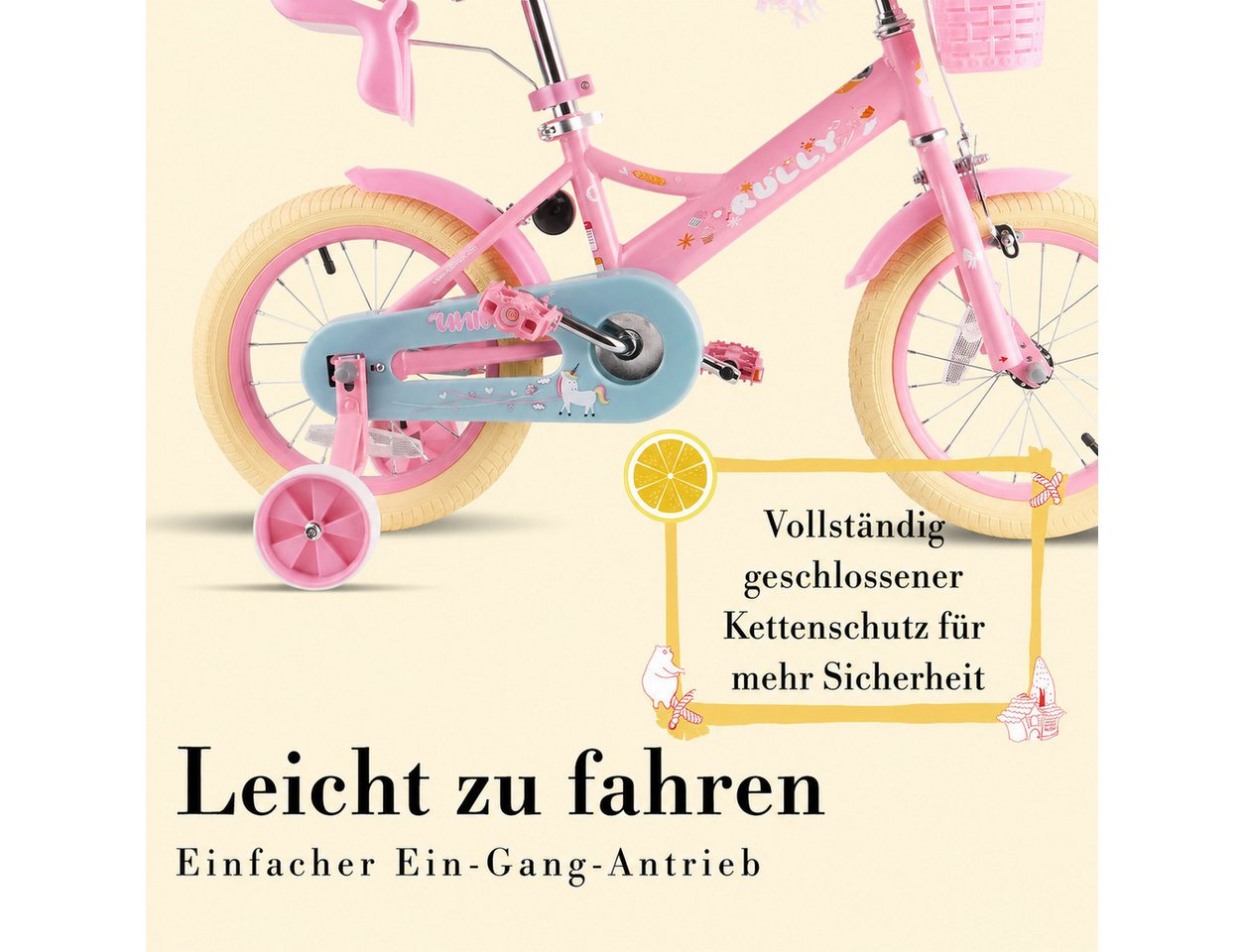 RULLY Kinderfahrrad 12/14/16 Zoll mit Stützrädern, 1 Gang, Für Mädchen 2–7 Jahre mit Korb & Puppensitz Bild 2
