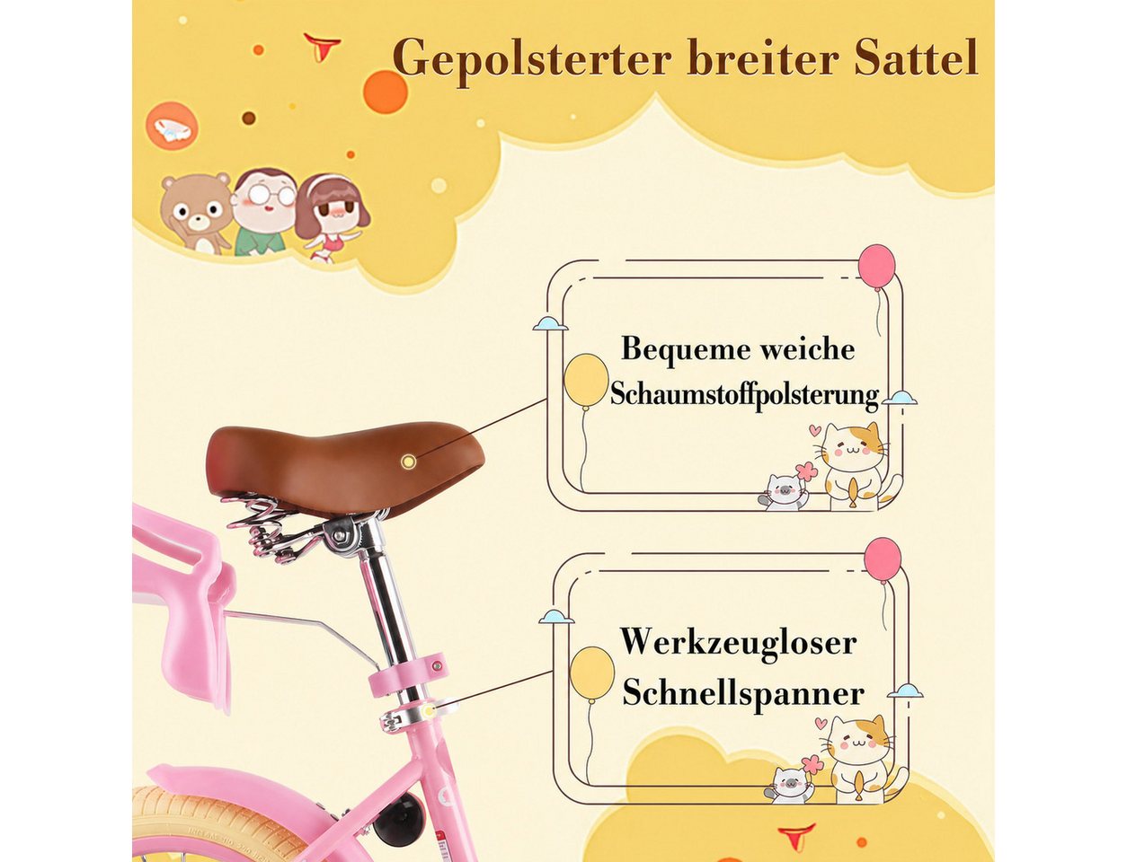 RULLY Kinderfahrrad 12/14/16 Zoll mit Stützrädern, 1 Gang, Für Mädchen 2–7 Jahre mit Korb & Puppensitz Bild 3