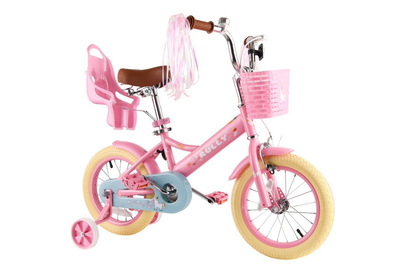 RULLY Kinderfahrrad 12/14/16 Zoll mit Stützrädern, 1 Gang, Für Mädchen 2–7 Jahre mit Korb & Puppensitz Bild 5