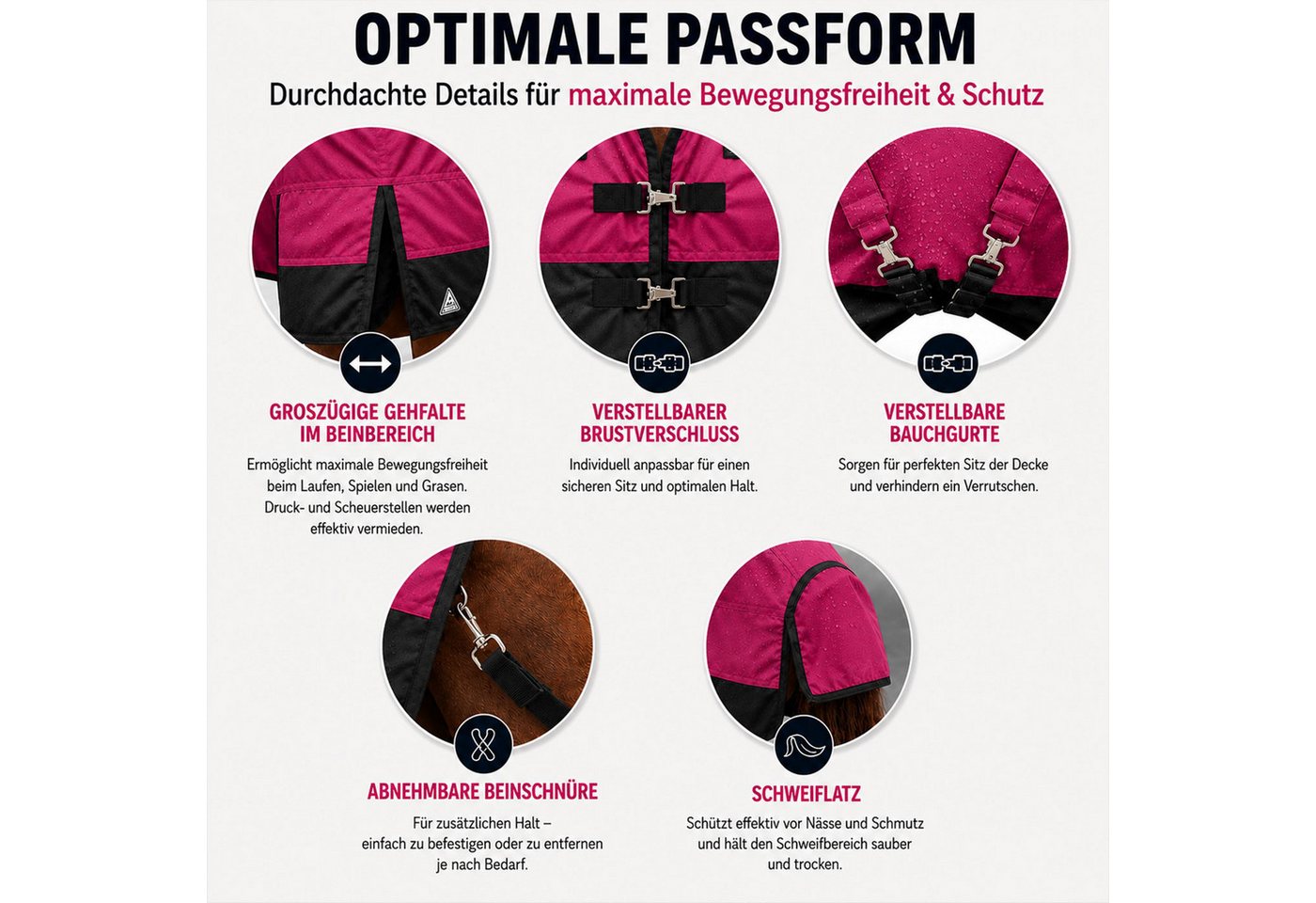 Brama-West Pferde-Regendecke Outdoordecke Elodie 1200D HN Fleece Raspberry/Schwarz