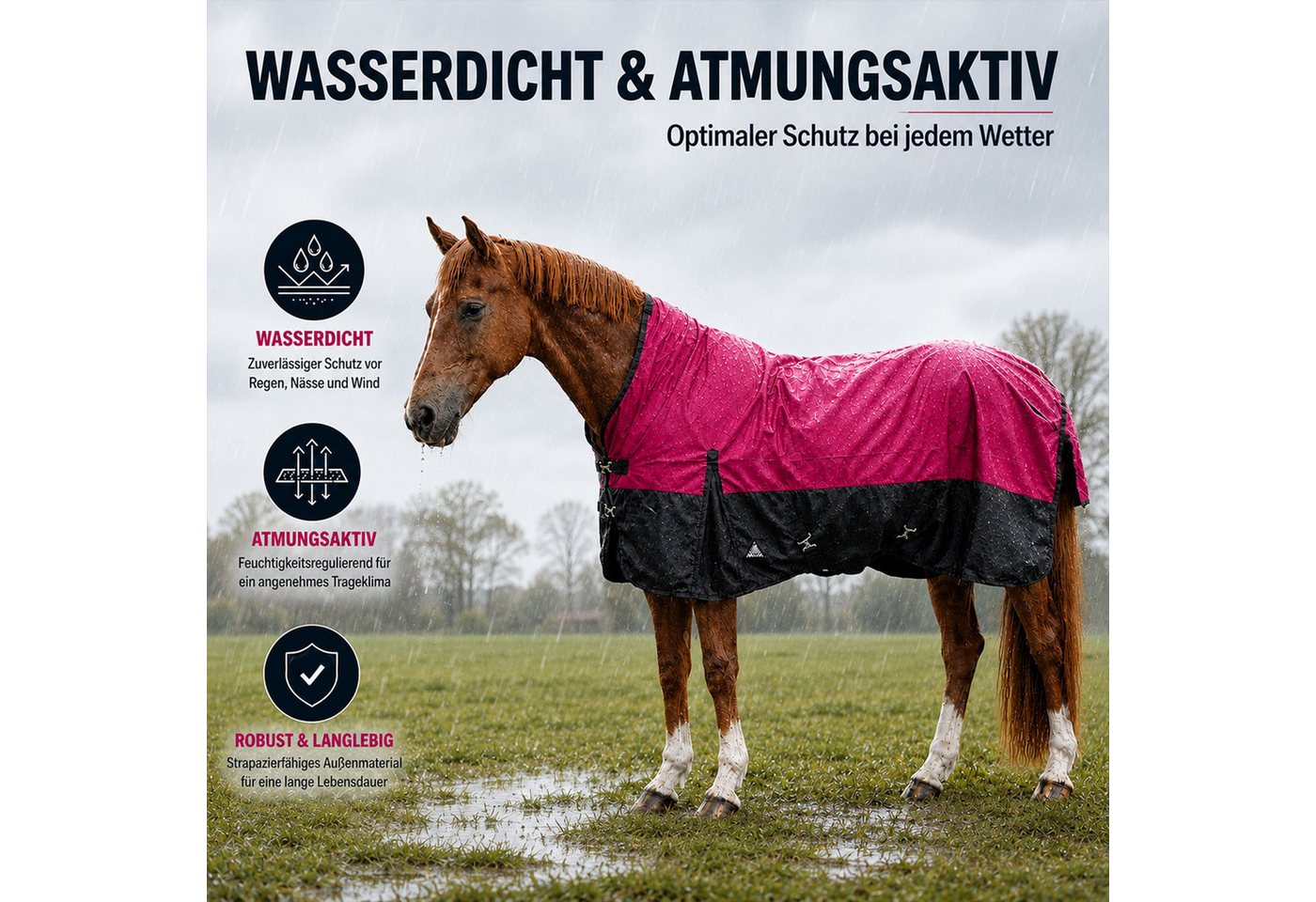 Brama-West Pferde-Regendecke Outdoordecke Elodie 1200D HN Fleece Raspberry/Schwarz Bild 3