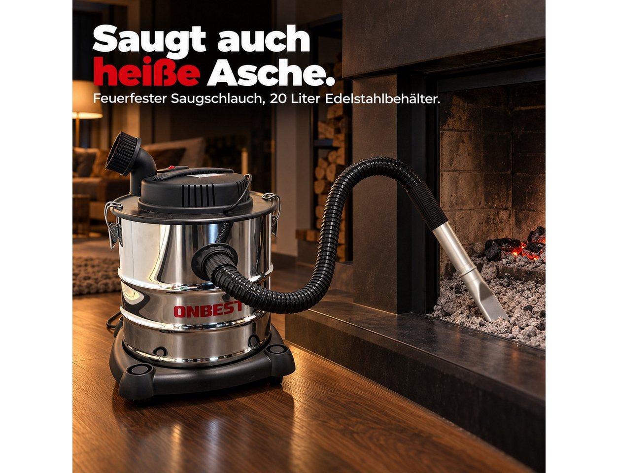 Onbest Aschesauger AC1220, 1200 W, 20 l Edelstahlbehälter, 20 kPa, Faltenfilter, 1200 W, Behälter, für heiße Asche, feuerfester Saugschlauch, Kette als Erdung Bild 2