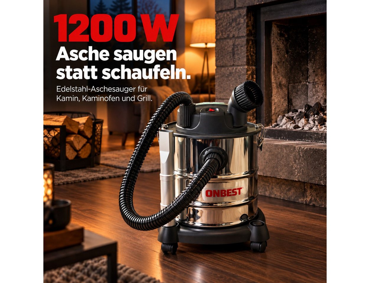 Onbest Aschesauger AC1220, 1200 W, 20 l Edelstahlbehälter, 20 kPa, Faltenfilter, 1200 W, Behälter, für heiße Asche, feuerfester Saugschlauch, Kette als Erdung Bild 5