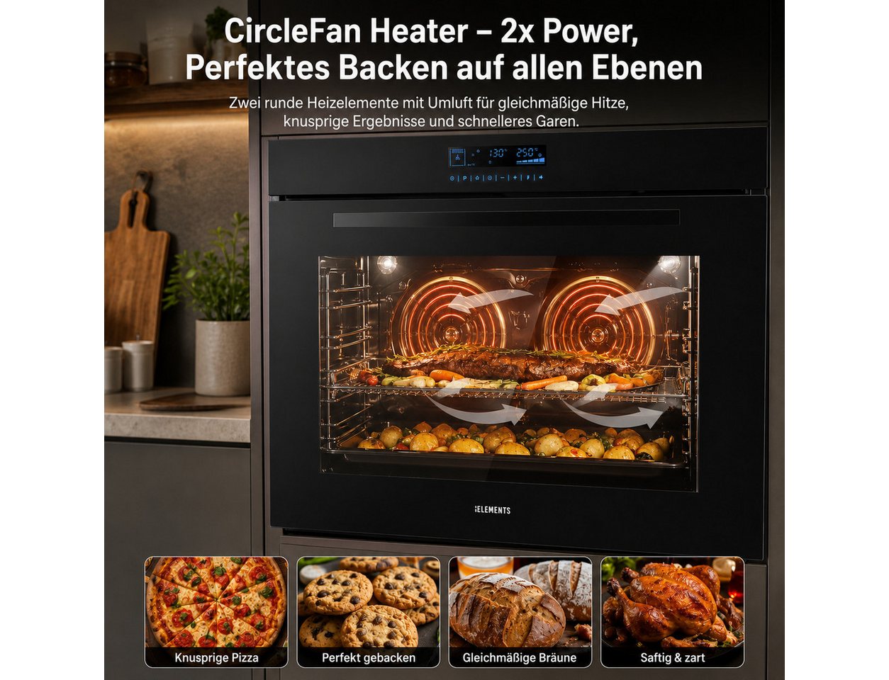 KB Elements Einbaubackofen 90 cm Einbaubackofen 125 Liter Air Fry Rotisserie Full Touch Display, mit 1-fach-Teleskopauszug, Air Fry, AQUA CLEAN,Full Touch,EEK A+