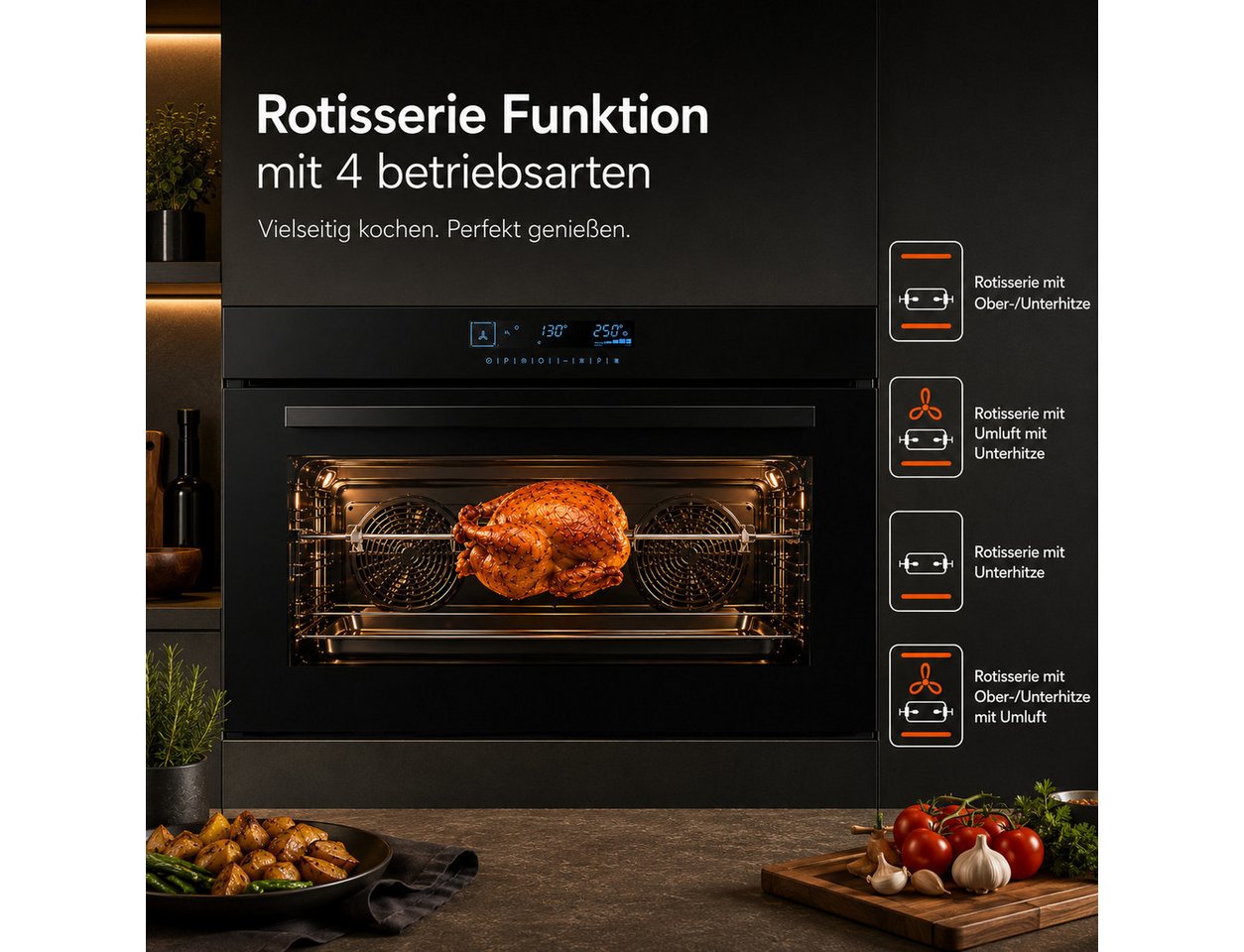 KB Elements Einbaubackofen 90 cm Einbaubackofen 125 Liter Air Fry Rotisserie Full Touch Display, mit 1-fach-Teleskopauszug, Air Fry, AQUA CLEAN,Full Touch,EEK A+ Bild 2