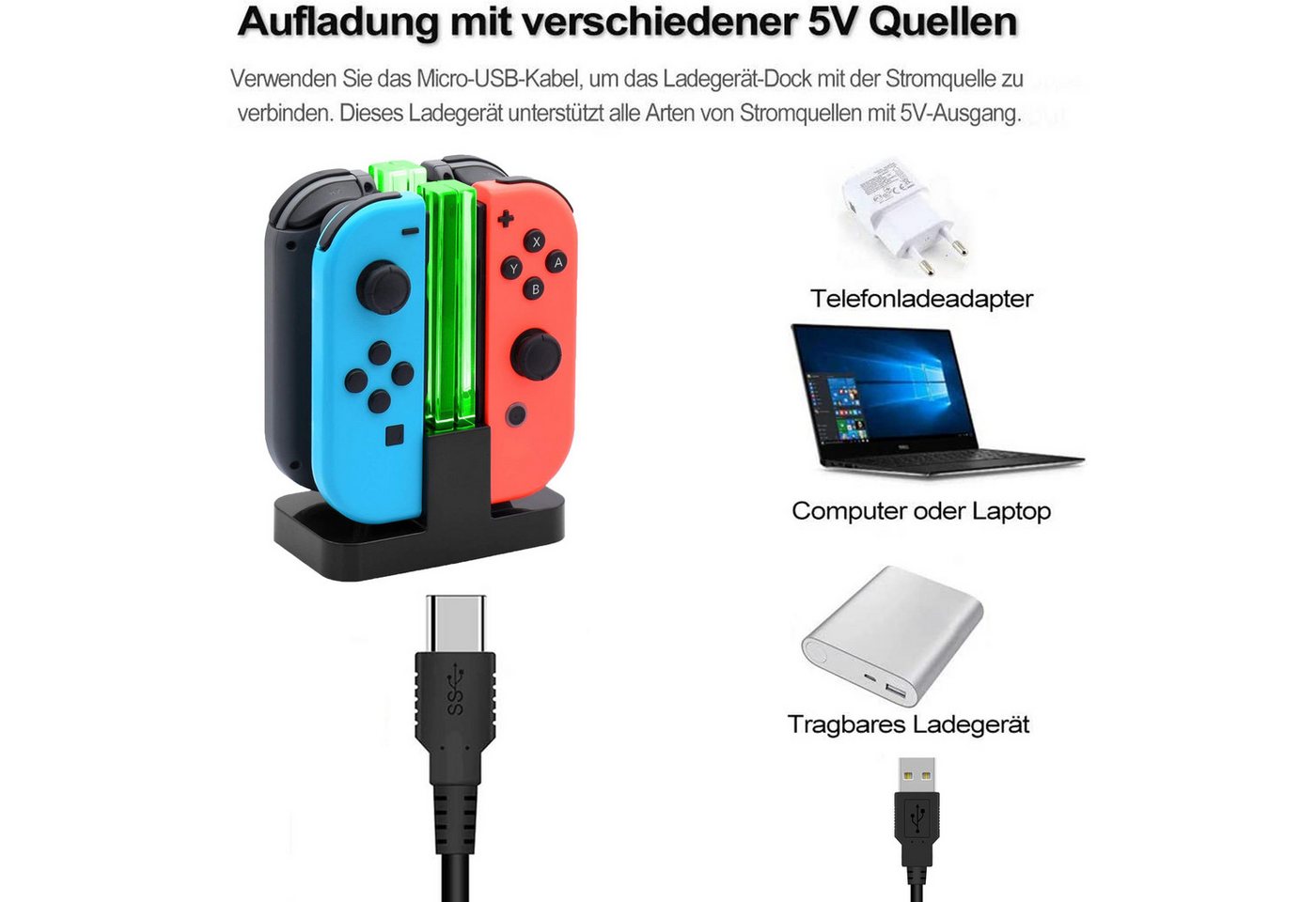 Fyrove Ladestation für Nintendo Switch 4 in 1 Joy-Con Controller Induktions-Ladegerät (Controller-Ladestation, Joy-Con Ladegerät Typ-C Kabel, mit individueller LED-Anzeige, Controller Ladestation Kompatibel mit JoyCons)