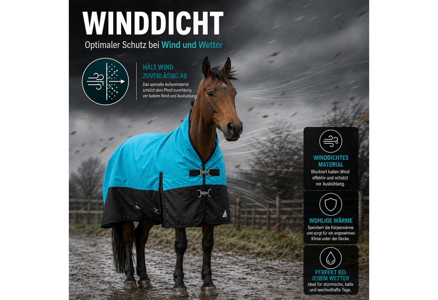 Brama-West Pferde-Regendecke Outdoordecke Solano 1200D HN Aqua/Schwarz