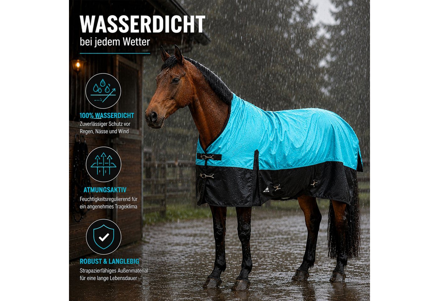 Brama-West Pferde-Regendecke Outdoordecke Solano 1200D HN Aqua/Schwarz Bild 4