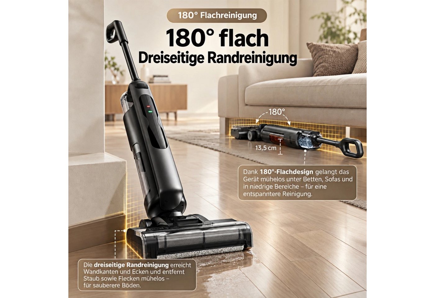 Circlio Nass-Trocken-Akkusauger 3-in-1 Wischsauger, 17 kPa, 40 Min Laufzeit, Selbstreinigung, 180 W, beutellos, Kantenreinigung, Selbstantrieb, Anti-Haarverwicklung, für Hartböden Bild 2