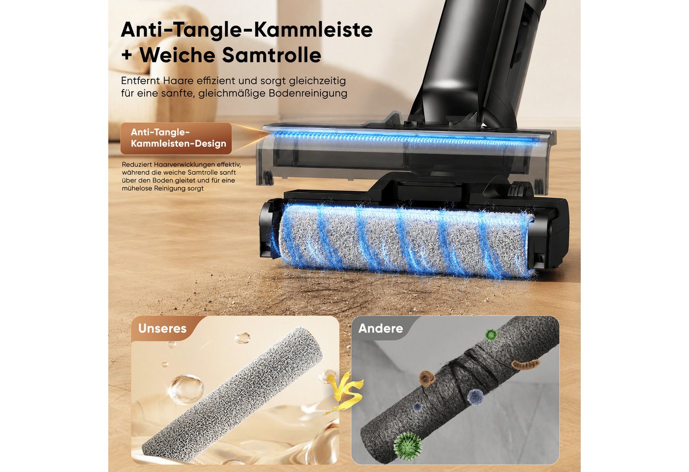 Circlio Nass-Trocken-Akkusauger 3-in-1 Wischsauger, 17 kPa, 40 Min Laufzeit, Selbstreinigung, 180 W, beutellos, Kantenreinigung, Selbstantrieb, Anti-Haarverwicklung, für Hartböden Bild 3