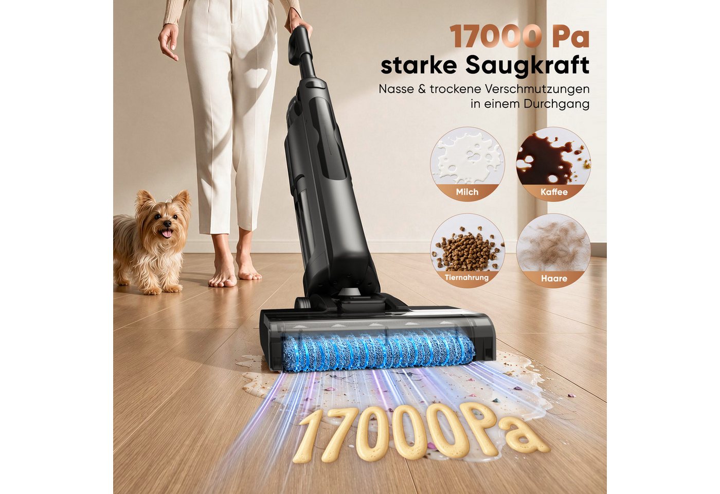 Circlio Nass-Trocken-Akkusauger 3-in-1 Wischsauger, 17 kPa, 40 Min Laufzeit, Selbstreinigung, 180 W, beutellos, Kantenreinigung, Selbstantrieb, Anti-Haarverwicklung, für Hartböden Bild 4
