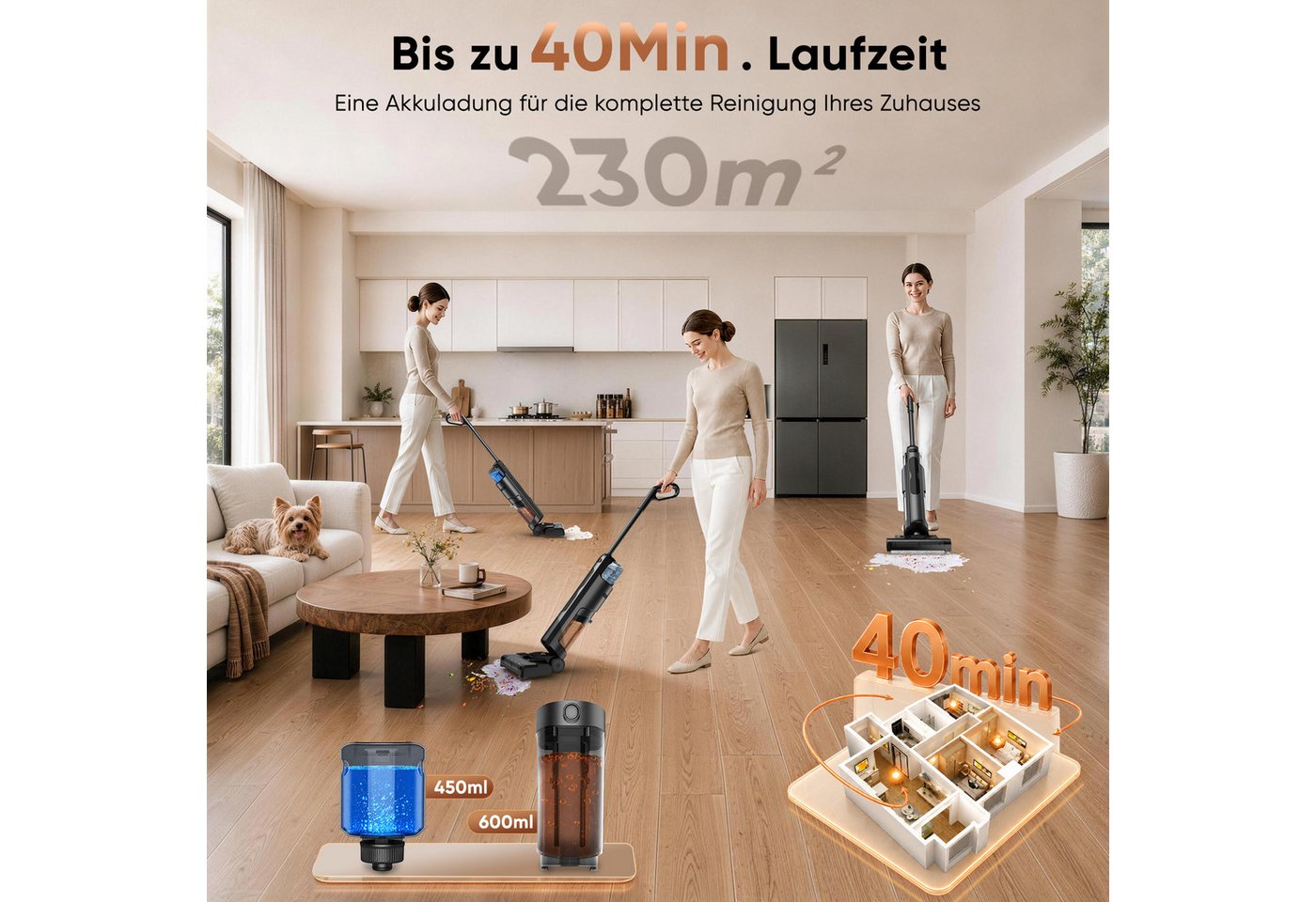 Circlio Nass-Trocken-Akkusauger 3-in-1 Wischsauger, 17 kPa, 40 Min Laufzeit, Selbstreinigung, 180 W, beutellos, Kantenreinigung, Selbstantrieb, Anti-Haarverwicklung, für Hartböden Bild 5