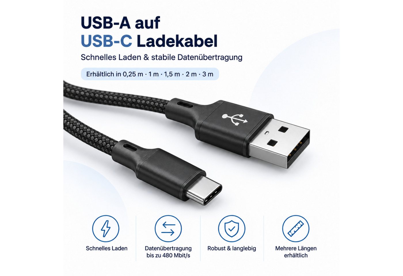 PlugUp USB-C Ladekabel für Samsung, iPhone, Huawei Xiaomi USB-A zu USB-C USB-Kabel, USB Typ A, USB-C, (200 cm), USB-A zu USB-C Ladekabel, Textilummantelt, Universell kompatibel
