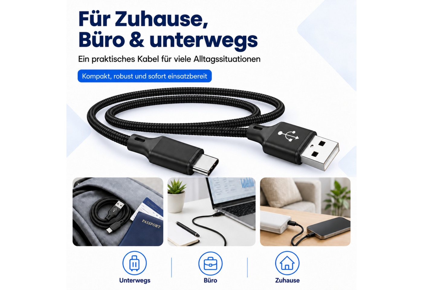 PlugUp USB-C Ladekabel für Samsung, iPhone, Huawei Xiaomi USB-A zu USB-C USB-Kabel, USB Typ A, USB-C, (200 cm), USB-A zu USB-C Ladekabel, Textilummantelt, Universell kompatibel Bild 4
