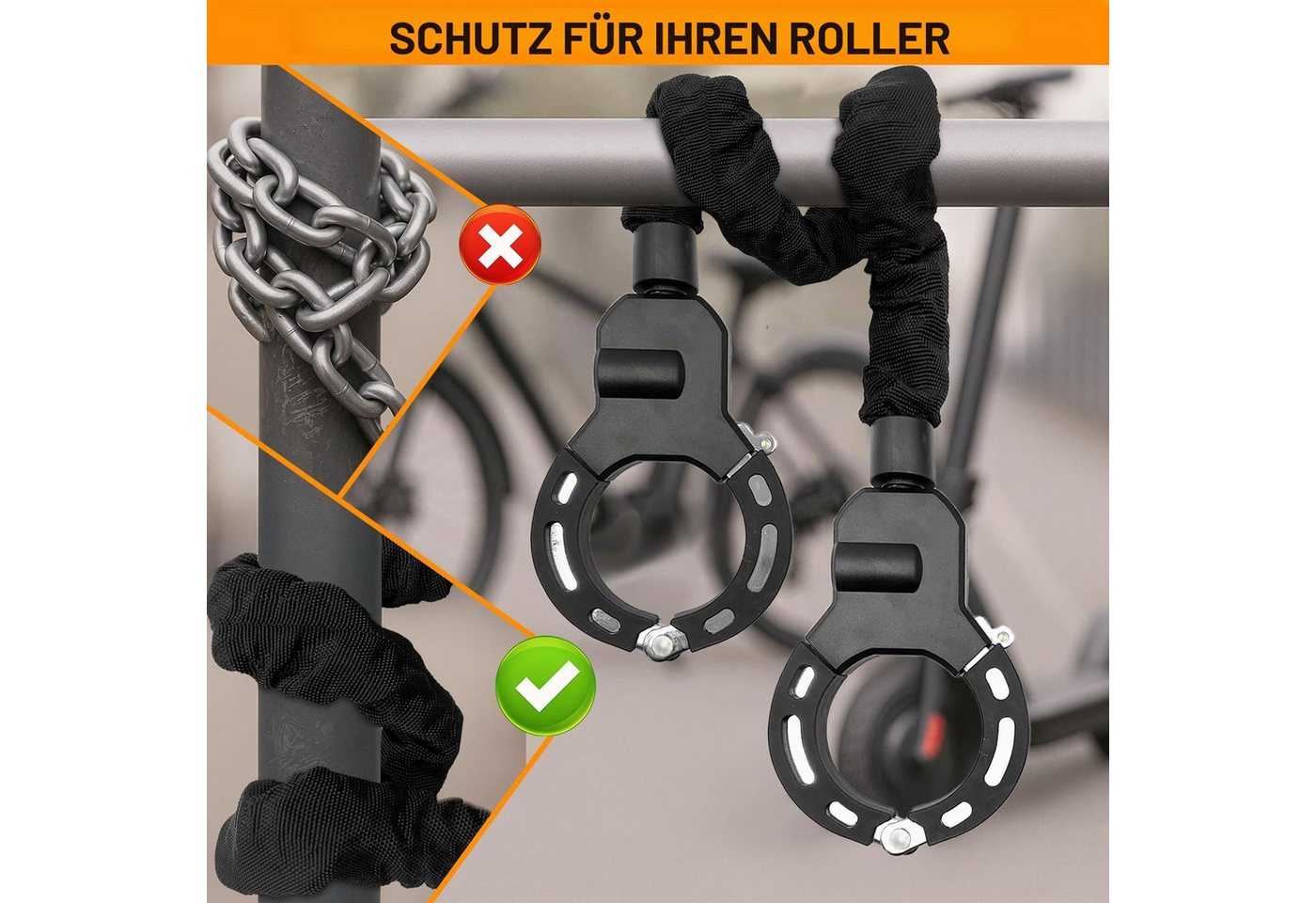 LEMLIT Kettenschloss Handschellenschloss für E-Scooter und Fahrrad (1er Set, 4-tlg., Schließmechanismus + 3 Schlüssel), Fahrradschlösser, 90 cm, mit Textilschutzhülle, 3 Schlüssel, Schwarz