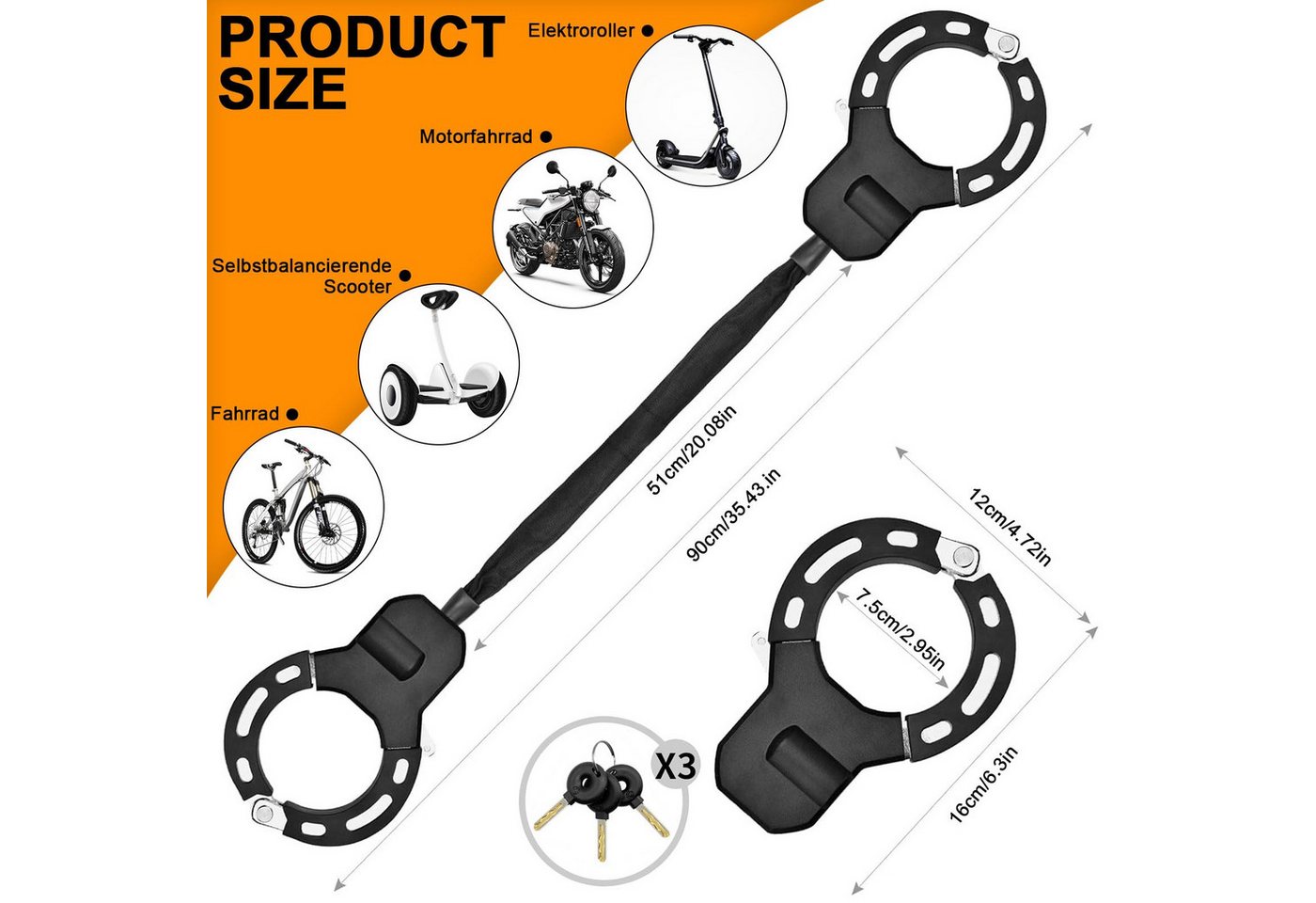 LEMLIT Kettenschloss Handschellenschloss für E-Scooter und Fahrrad (1er Set, 4-tlg., Schließmechanismus + 3 Schlüssel), Fahrradschlösser, 90 cm, mit Textilschutzhülle, 3 Schlüssel, Schwarz Bild 2