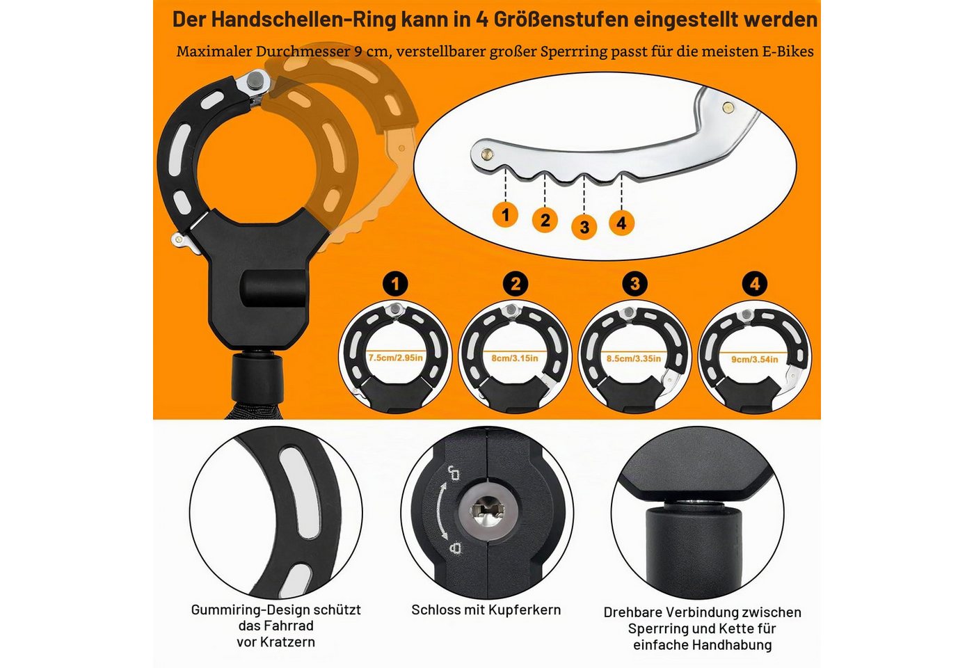 LEMLIT Kettenschloss Handschellenschloss für E-Scooter und Fahrrad (1er Set, 4-tlg., Schließmechanismus + 3 Schlüssel), Fahrradschlösser, 90 cm, mit Textilschutzhülle, 3 Schlüssel, Schwarz Bild 5