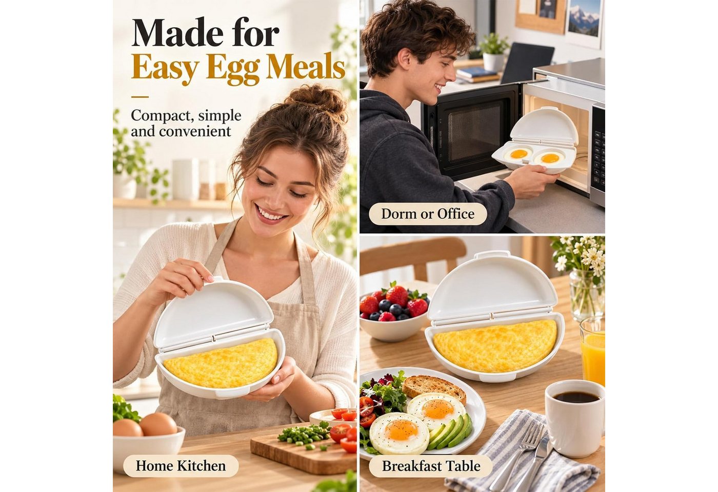 FELIXLEO Omelette-Maker Omelett Maker 2 in 1 Mikrowellen Eierkocher mit Deckel 3 Stück Weiß