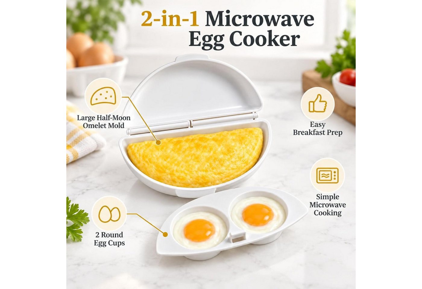 FELIXLEO Omelette-Maker Omelett Maker 2 in 1 Mikrowellen Eierkocher mit Deckel 3 Stück Weiß Bild 4
