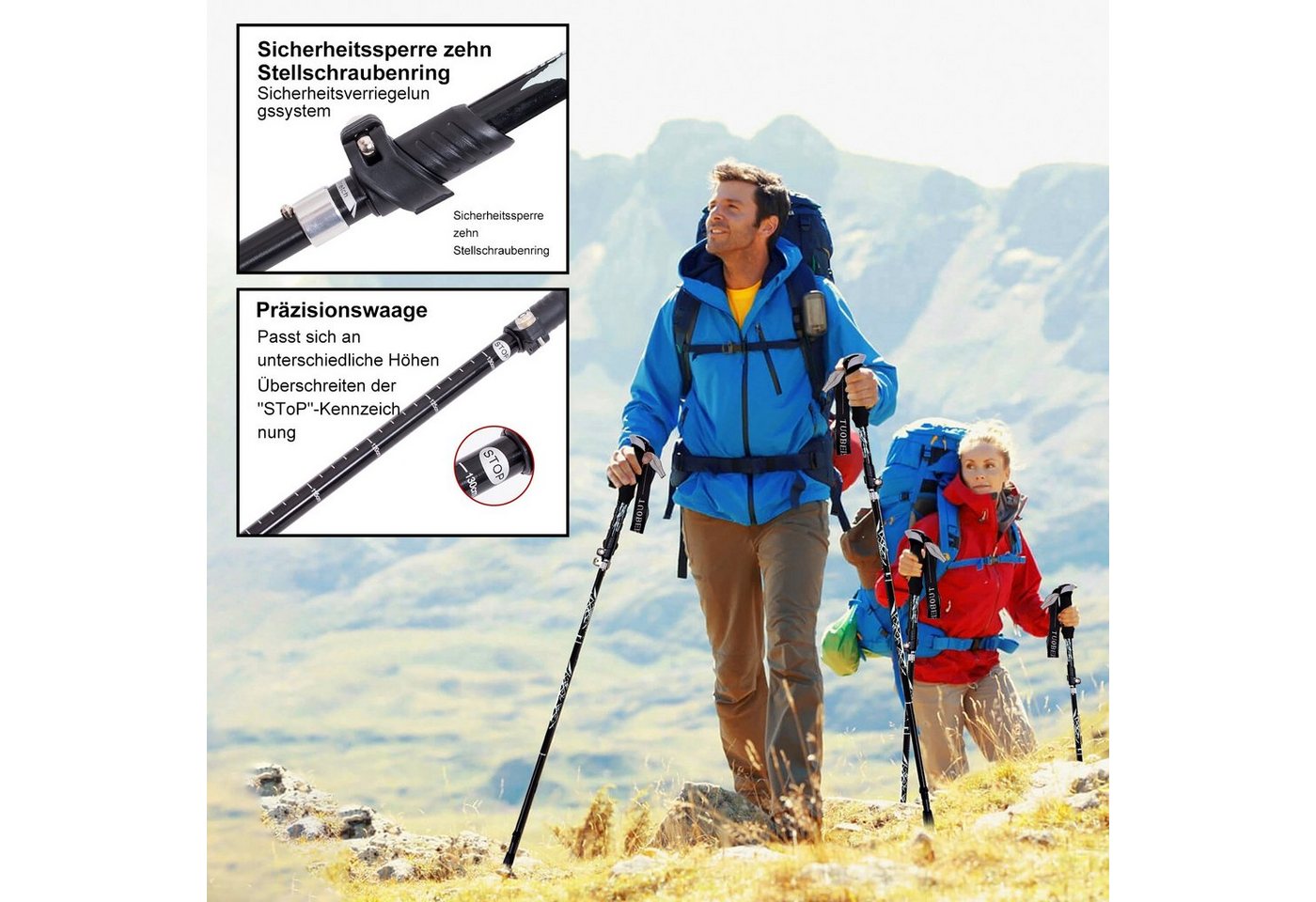 Mutig Wanderstöcke Verstellbare Wanderstöcke,leicht,robust,Faltbare Trekkingstöcke (Ergonomische Trekkingstöcke mit reichhaltigem Zubehör als Wanderhilfen, Geeignet für Männer und Frauen, ideal für Skifahren und Wandern), Leichte, teleskopische Trekkingstöcke für den Bergsport Bild 4