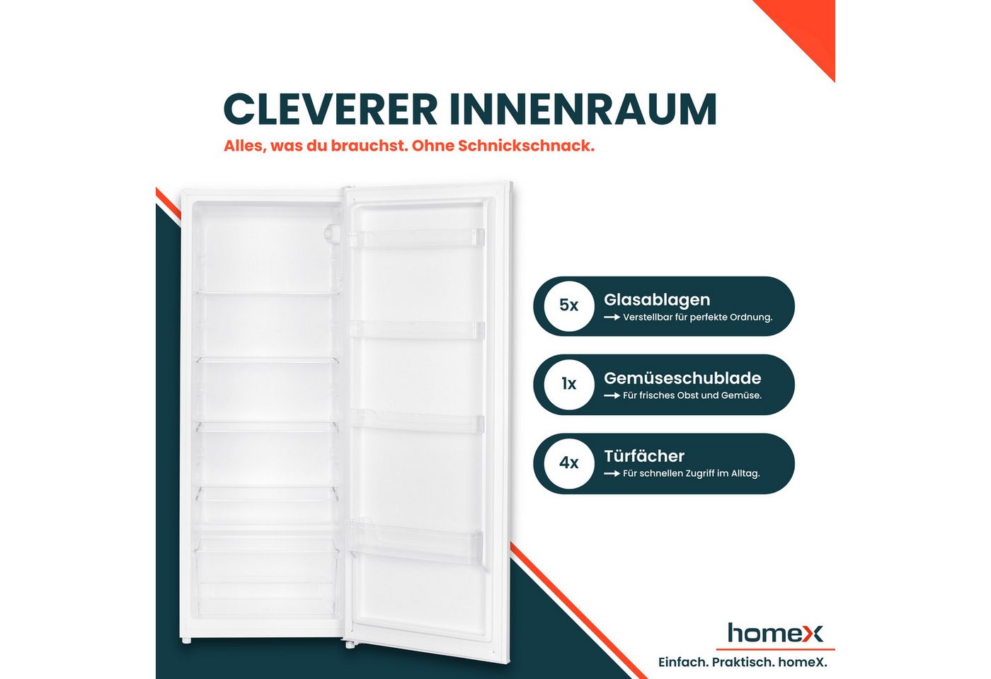 homeX Kühlschrank CS2422E-W, 143 cm hoch, 54.5 cm breit, 242 L, Vollraumkühlschrank ohne Gefrierfach groß, freistehend, 37 dB Bild 2