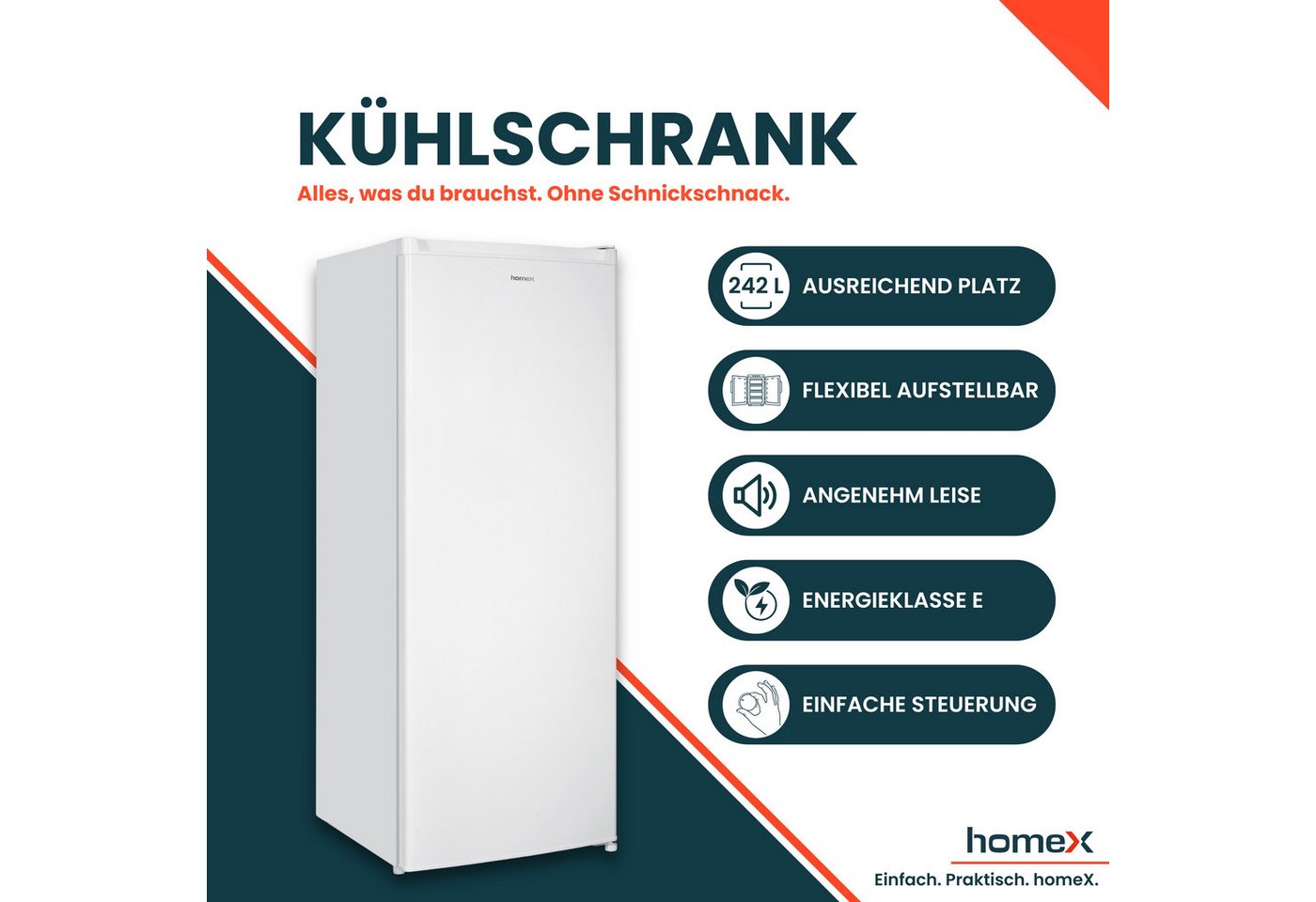 homeX Kühlschrank CS2422E-W, 143 cm hoch, 54.5 cm breit, 242 L, Vollraumkühlschrank ohne Gefrierfach groß, freistehend, 37 dB Bild 4