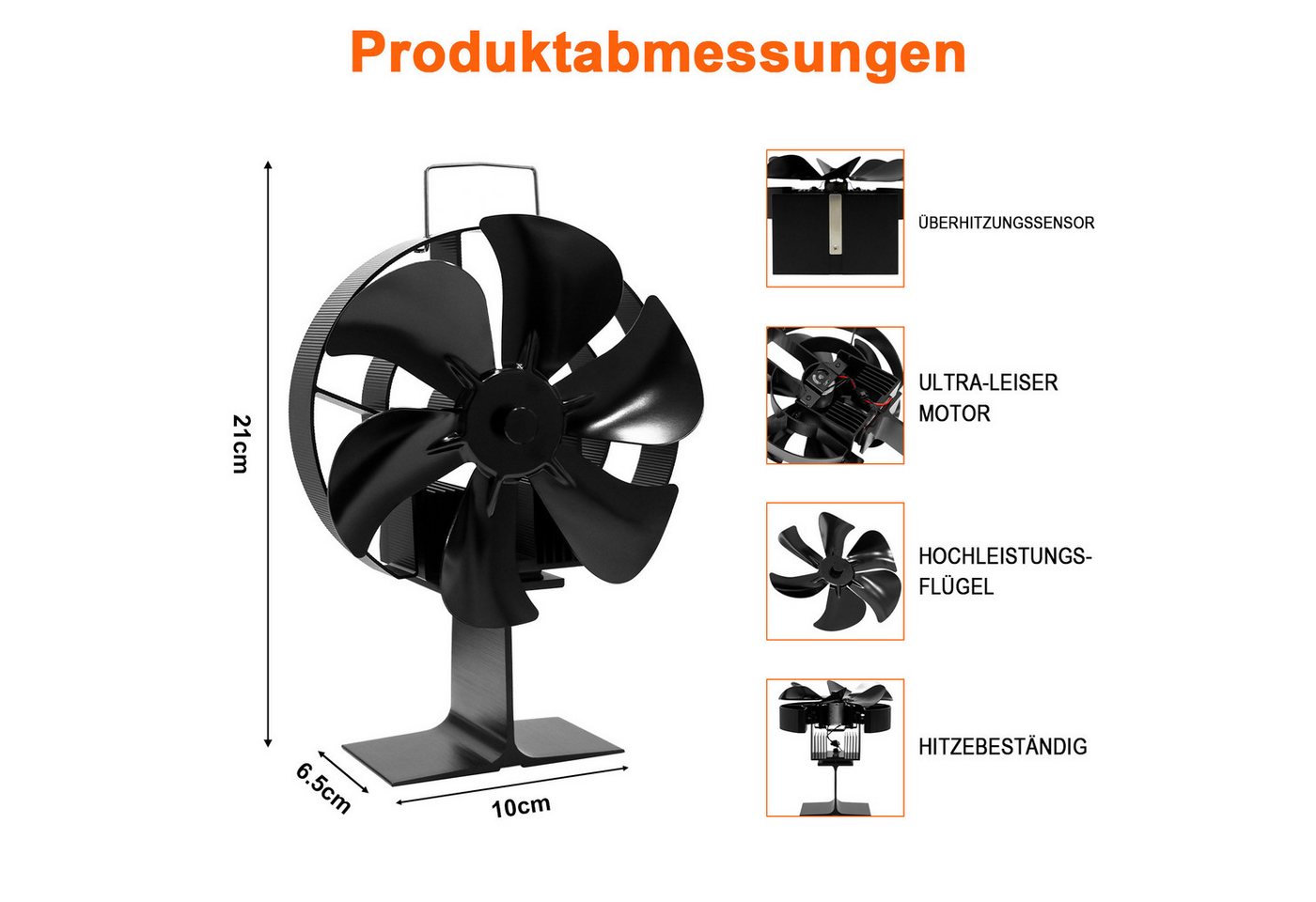 SunJas Kaminventilator 6 Flügel Kaminventilator Ohne Strom,0–90° verstellbar, leiser Betrieb, mit Überhitzungsschutz, passend für Kamin, Holzofen und Pelletbrenner