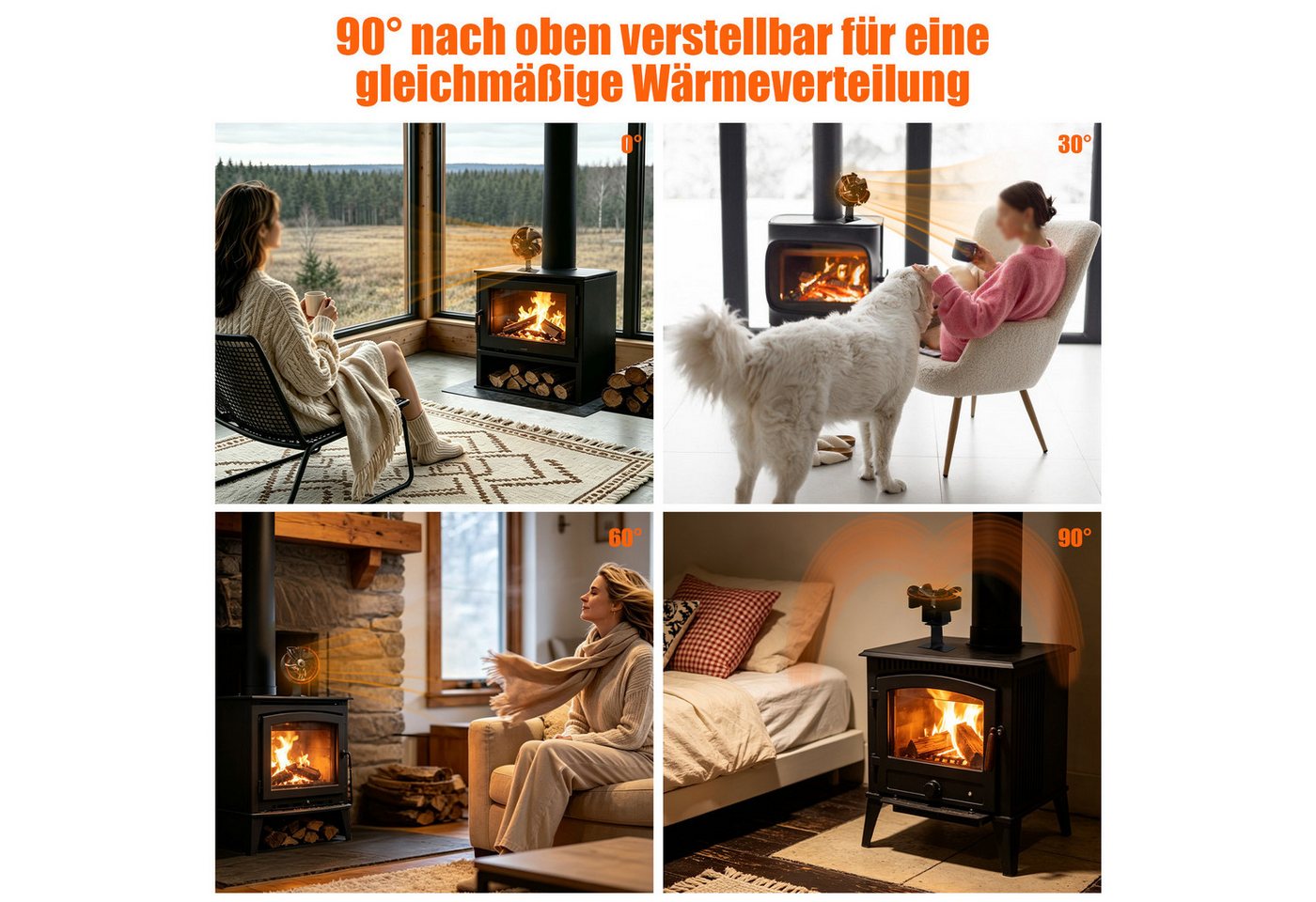 SunJas Kaminventilator 6 Flügel Kaminventilator Ohne Strom,0–90° verstellbar, leiser Betrieb, mit Überhitzungsschutz, passend für Kamin, Holzofen und Pelletbrenner Bild 3