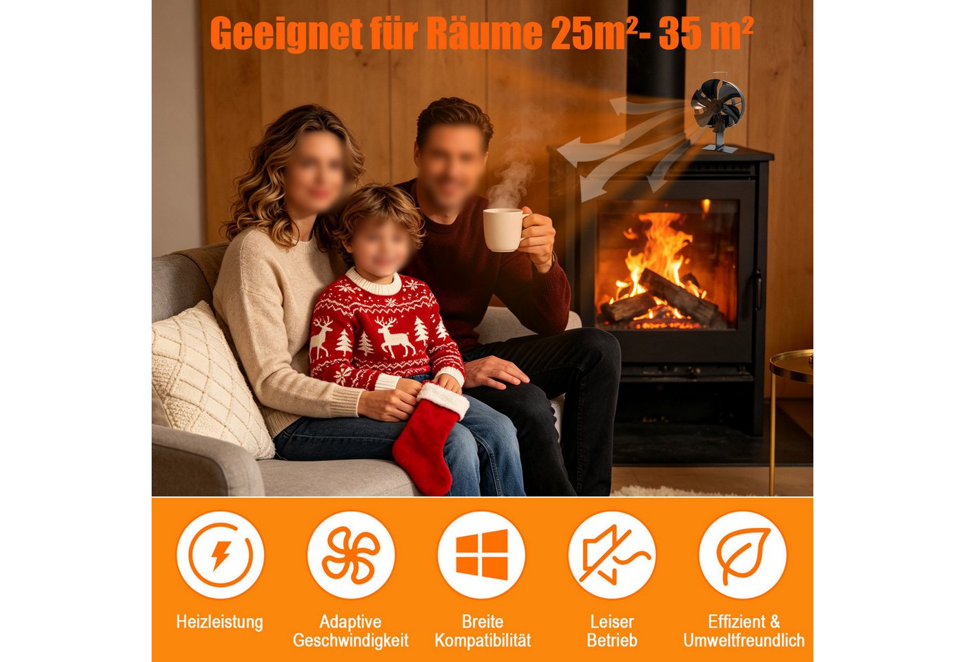 SunJas Kaminventilator 6 Flügel Kaminventilator Ohne Strom,0–90° verstellbar, leiser Betrieb, mit Überhitzungsschutz, passend für Kamin, Holzofen und Pelletbrenner Bild 5