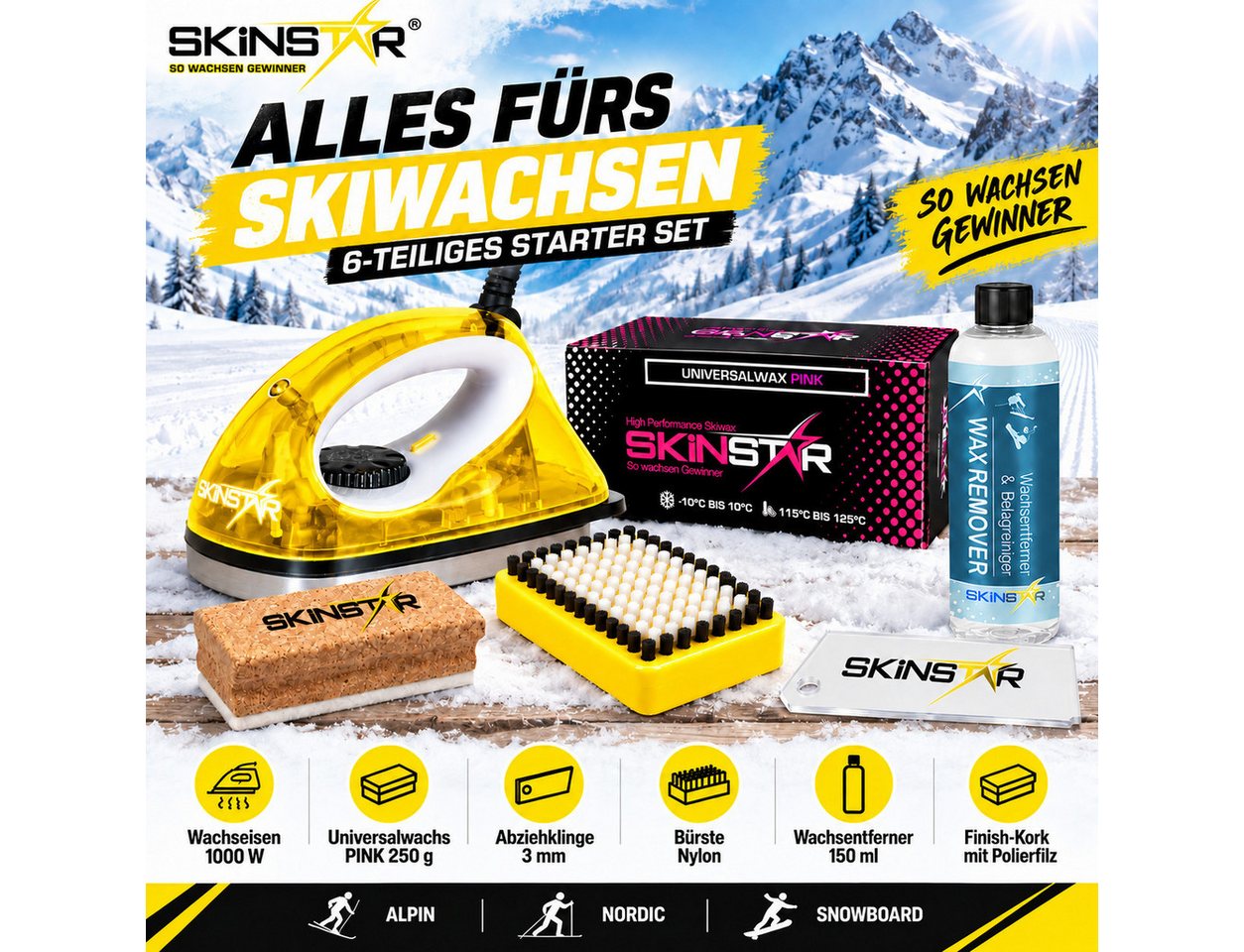 SkinStar Ski SkinStar Skiwachs Set 6-teilig Wachsbügeleisen Bürste Wachs